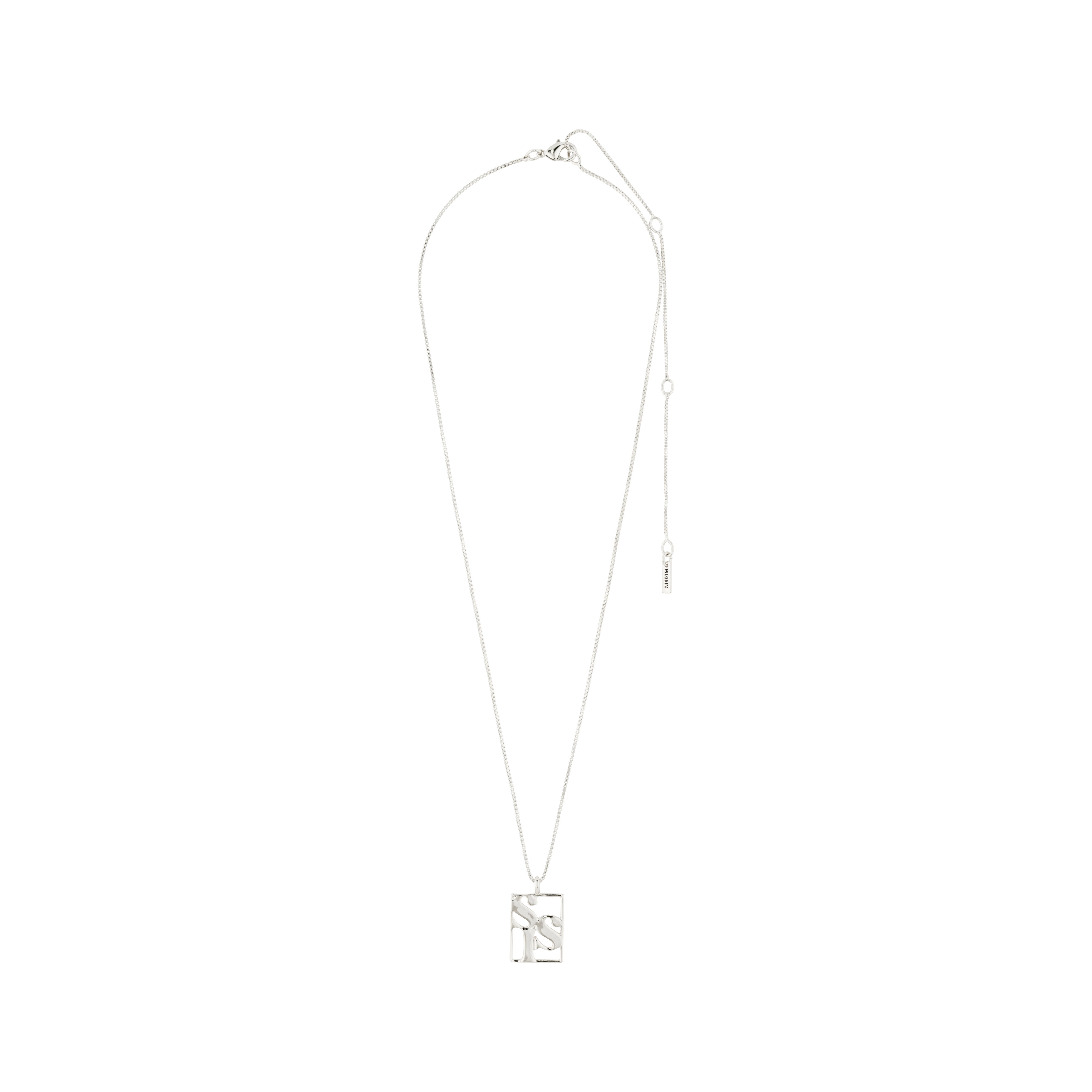 LOVE TAG, SIS necklace silver-plated by Pilgrim, featuring a square pendant engraved with SIS on an adjustable silver chain, crafted from 99% recycled materials.