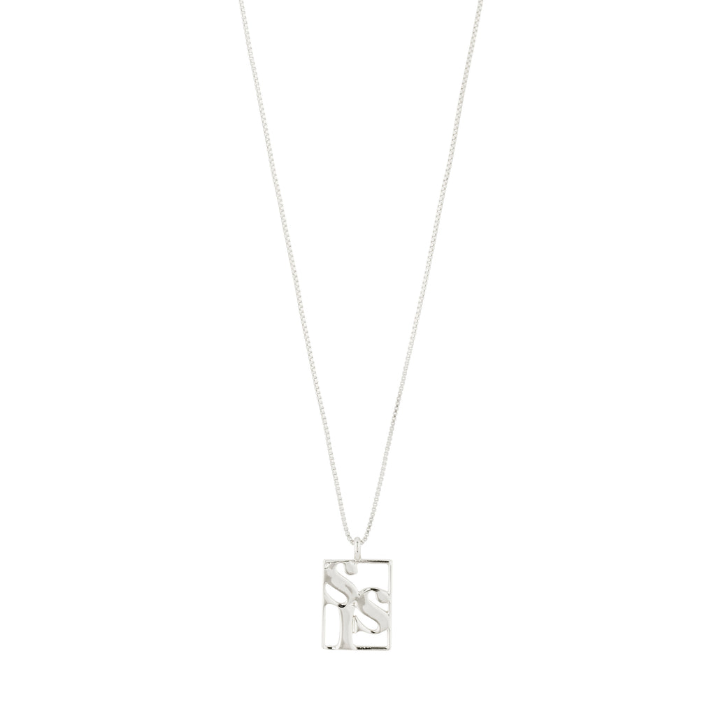 Silver-plated LOVE TAG, SIS necklace by Pilgrim, featuring a square pendant on an adjustable chain, ideal for layering or solo wear.
