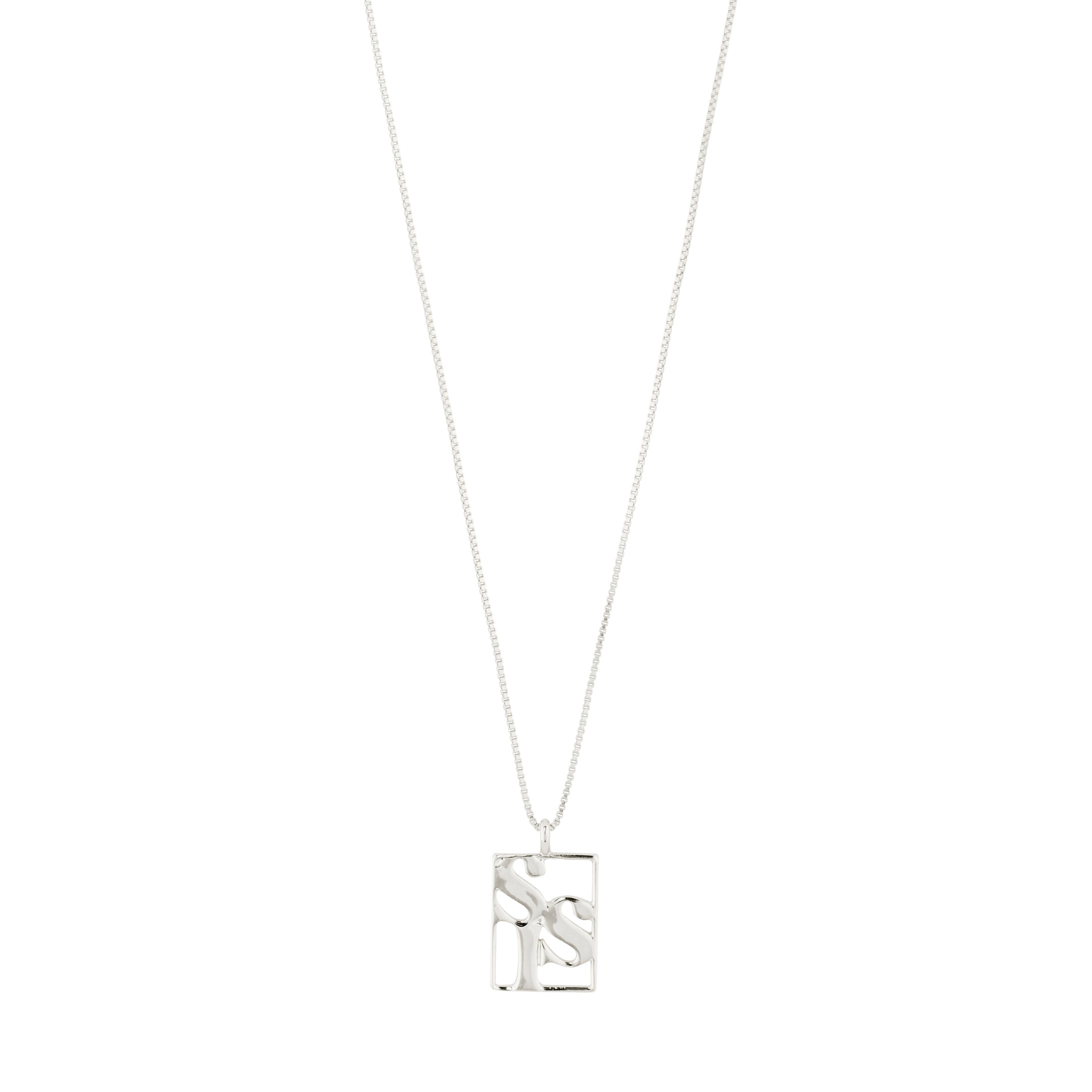 Silver-plated LOVE TAG, SIS necklace by Pilgrim, featuring a square pendant on an adjustable chain, ideal for layering or solo wear.