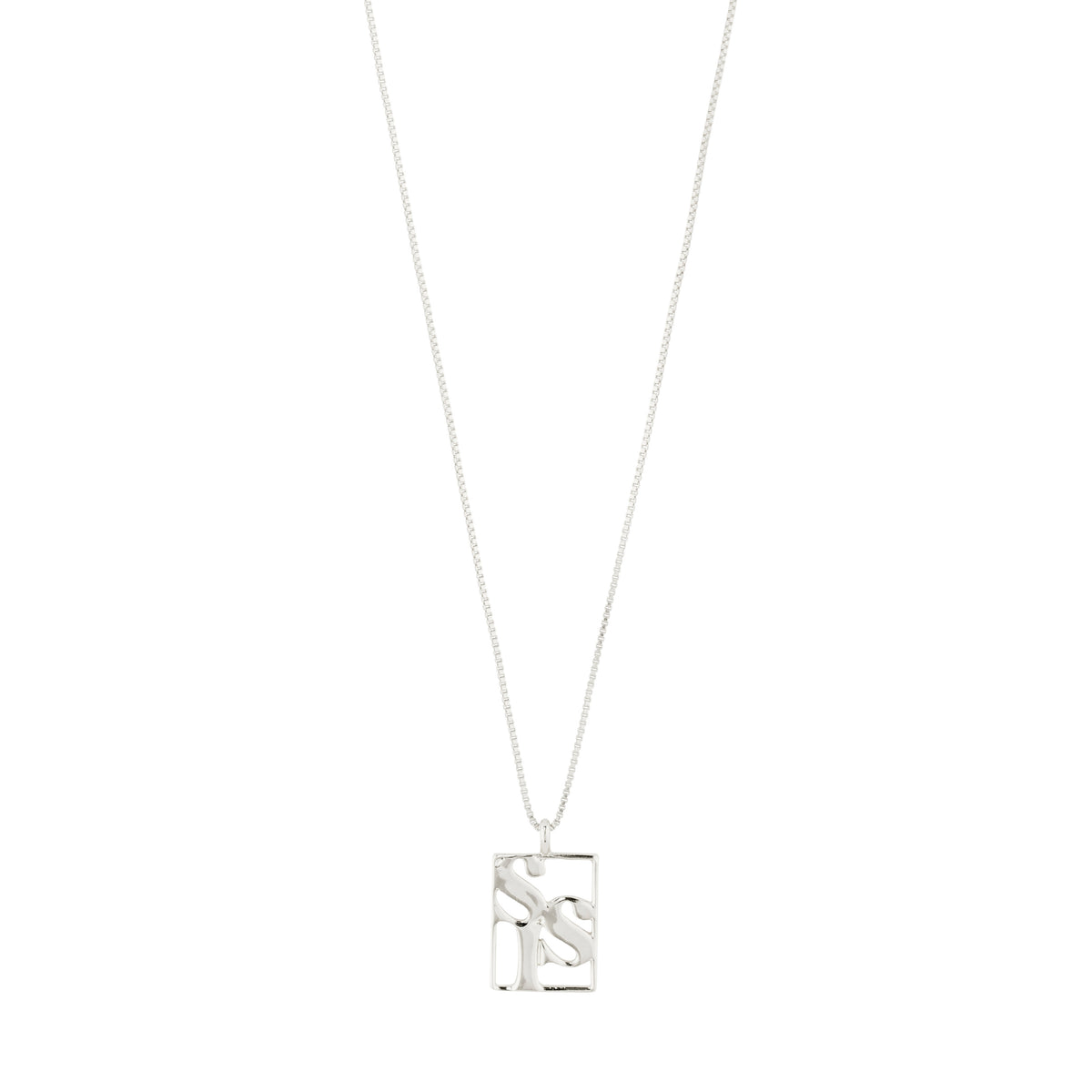 Silver-plated LOVE TAG, SIS necklace by Pilgrim, featuring a square pendant on an adjustable chain, ideal for layering or solo wear.