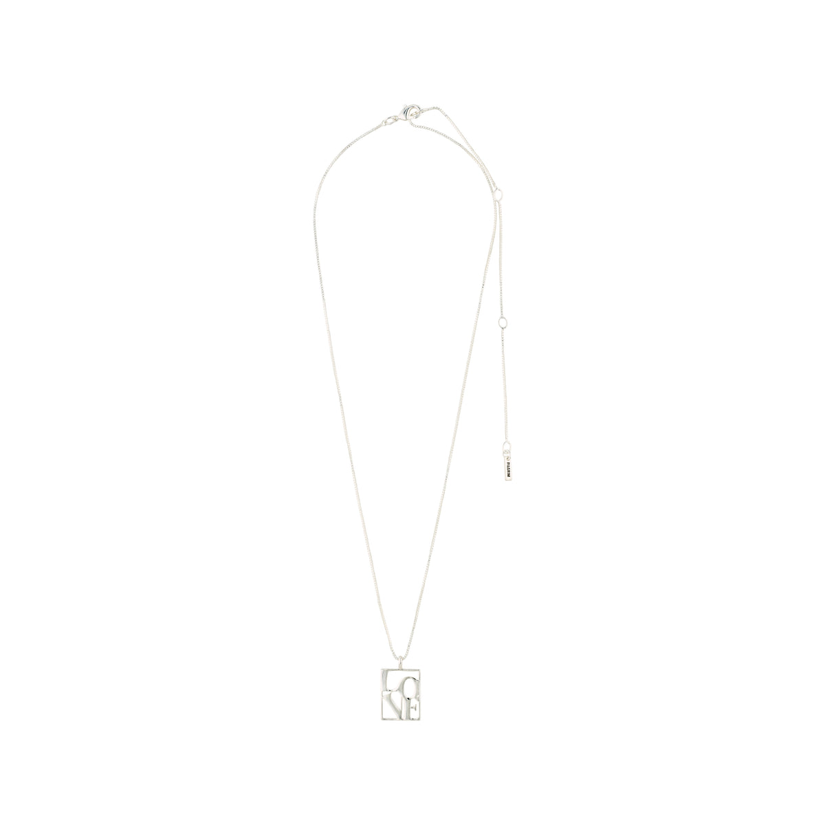 LOVE TAG necklace with silver-plated square pendant engraved LOVE, from Pilgrim. Features a 40 cm chain with a 12 cm adjustable extension.
