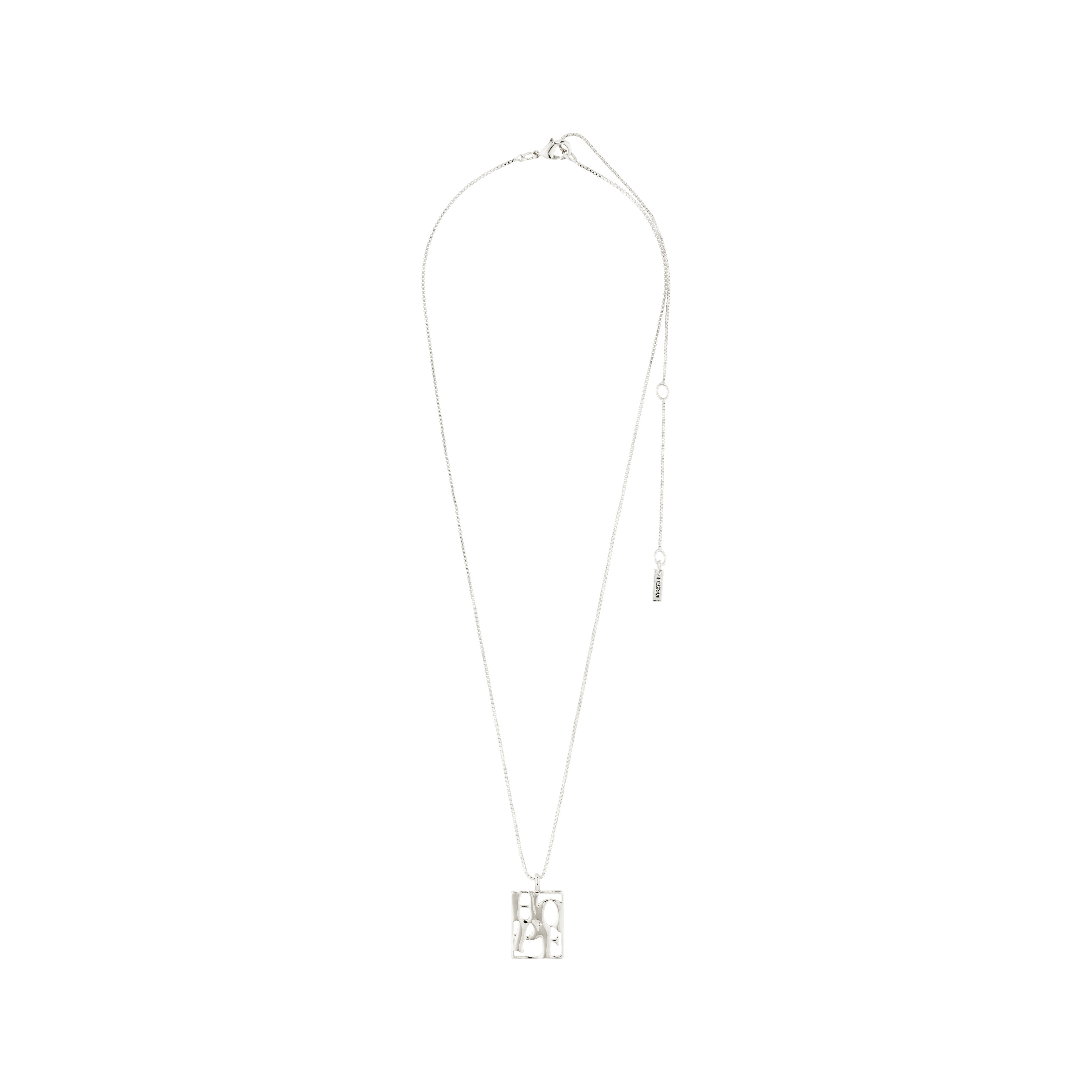 LOVE TAG, HOPE necklace with a silver-plated square pendant inscribed with HOPE, featuring a 40 cm chain and 12 cm extension, by Pilgrim.