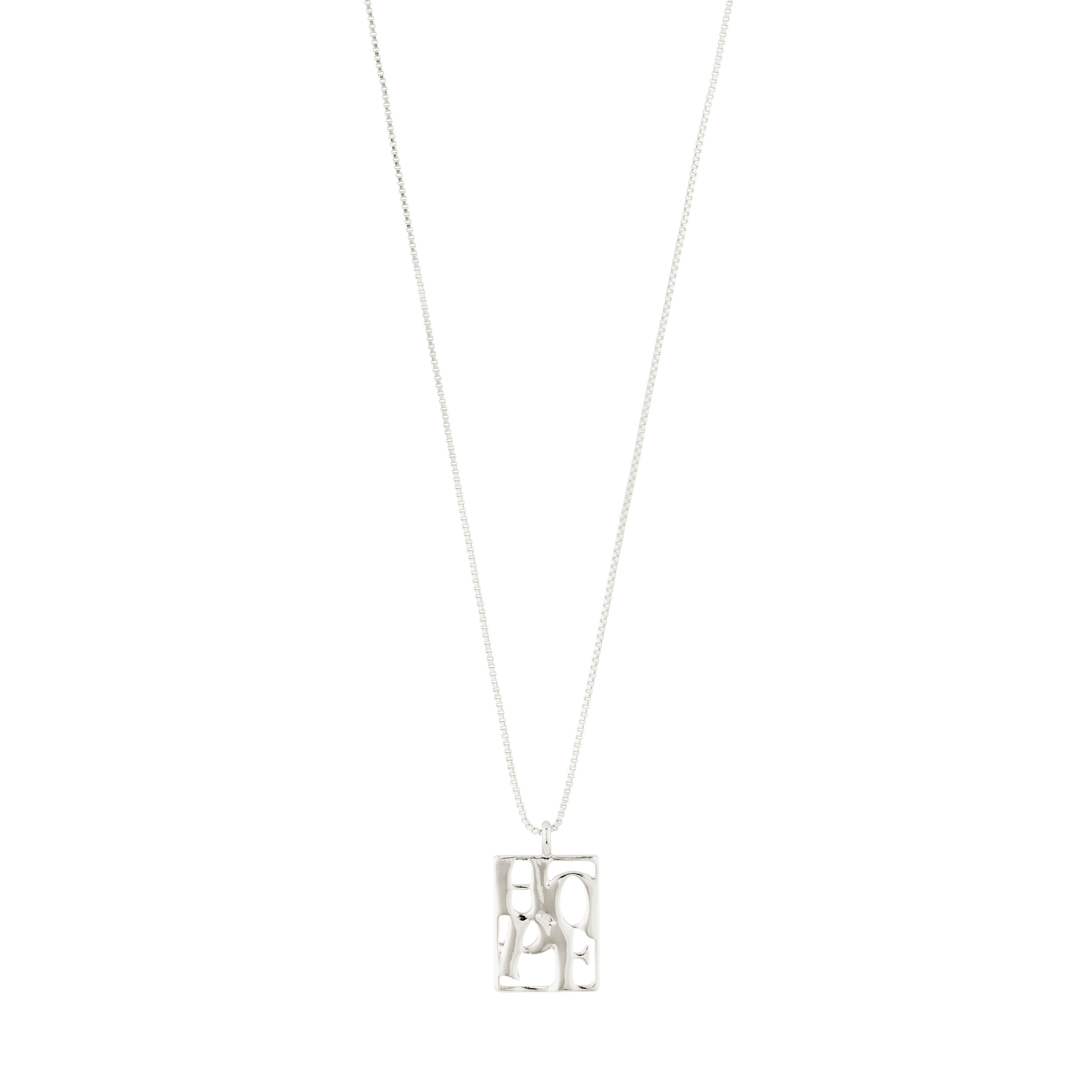 Silver-plated LOVE TAG, HOPE necklace by Pilgrim, featuring a square pendant with HOPE inscription on a 40 cm adjustable chain, made from 99% recycled material.