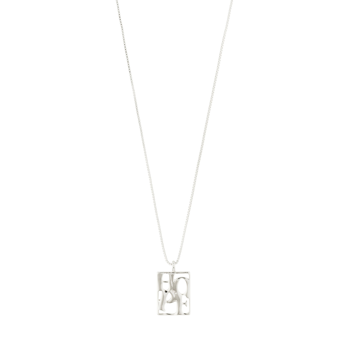Silver-plated LOVE TAG, HOPE necklace by Pilgrim, featuring a square pendant with HOPE inscription on a 40 cm adjustable chain, made from 99% recycled material.