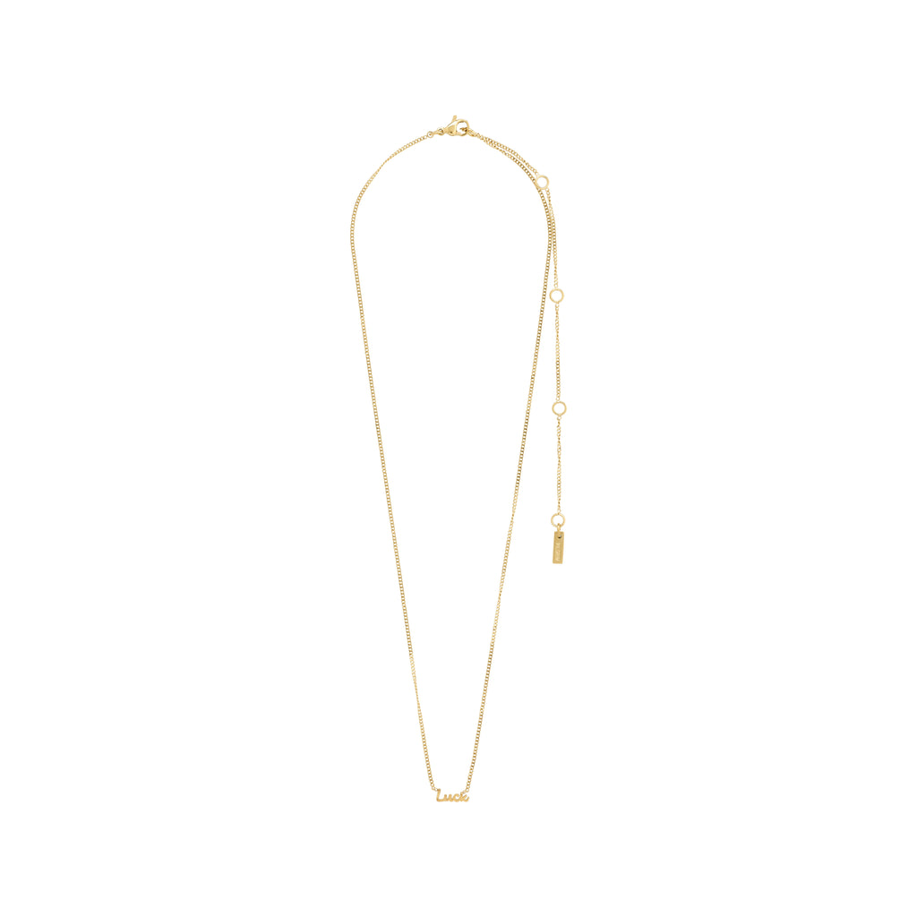 Gold-plated 'LUCK' necklace featuring a sleek chain with a cursive script pendant, measuring 38 cm plus 9 cm extension. Genderless and versatile accessory.