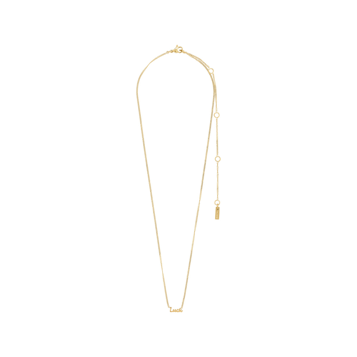 Gold-plated 'LUCK' necklace featuring a sleek chain with a cursive script pendant, measuring 38 cm plus 9 cm extension. Genderless and versatile accessory.