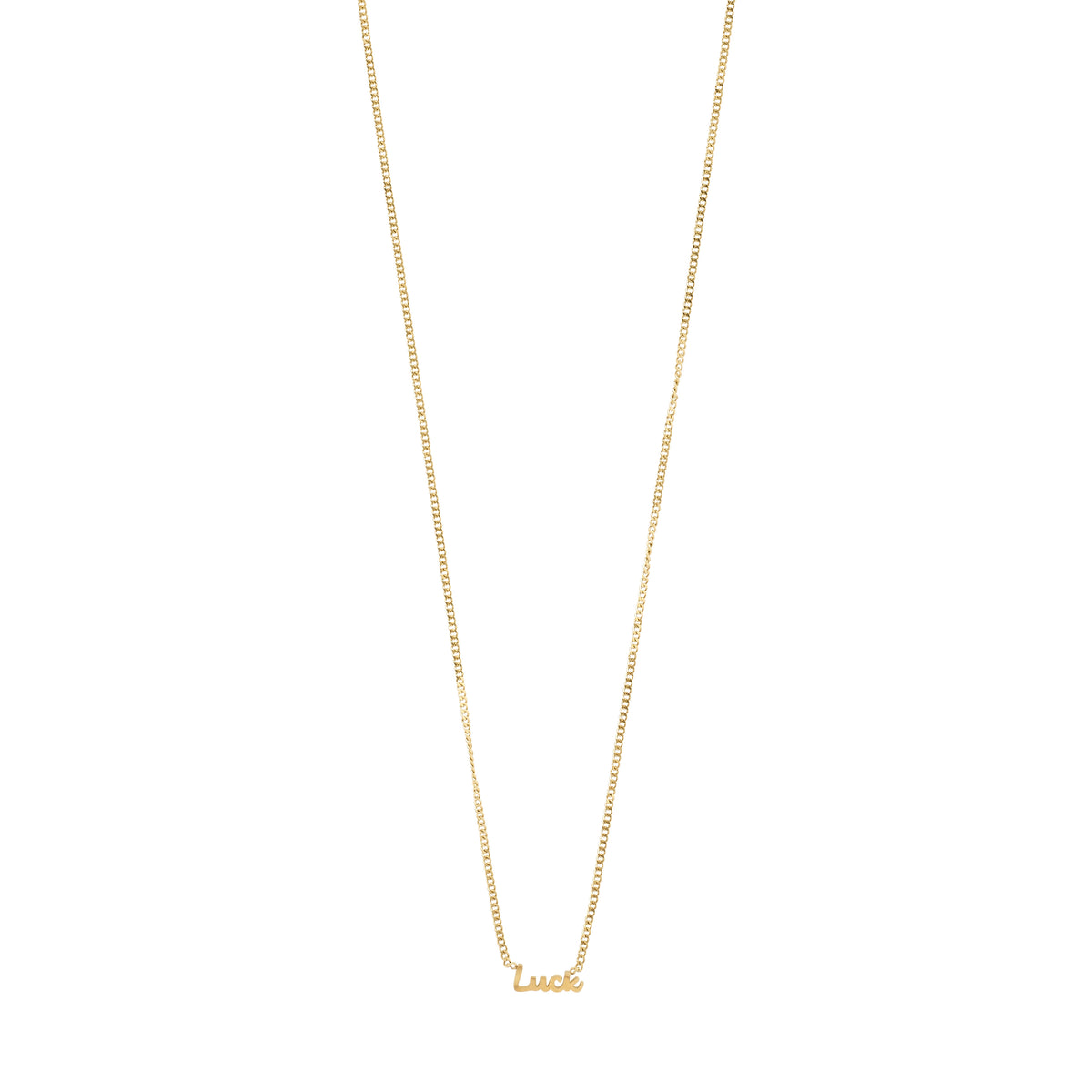 Gold-plated 'LUCK' name necklace featuring a cursive script pendant on a sleek chain, ideal for personal style and daily wear.