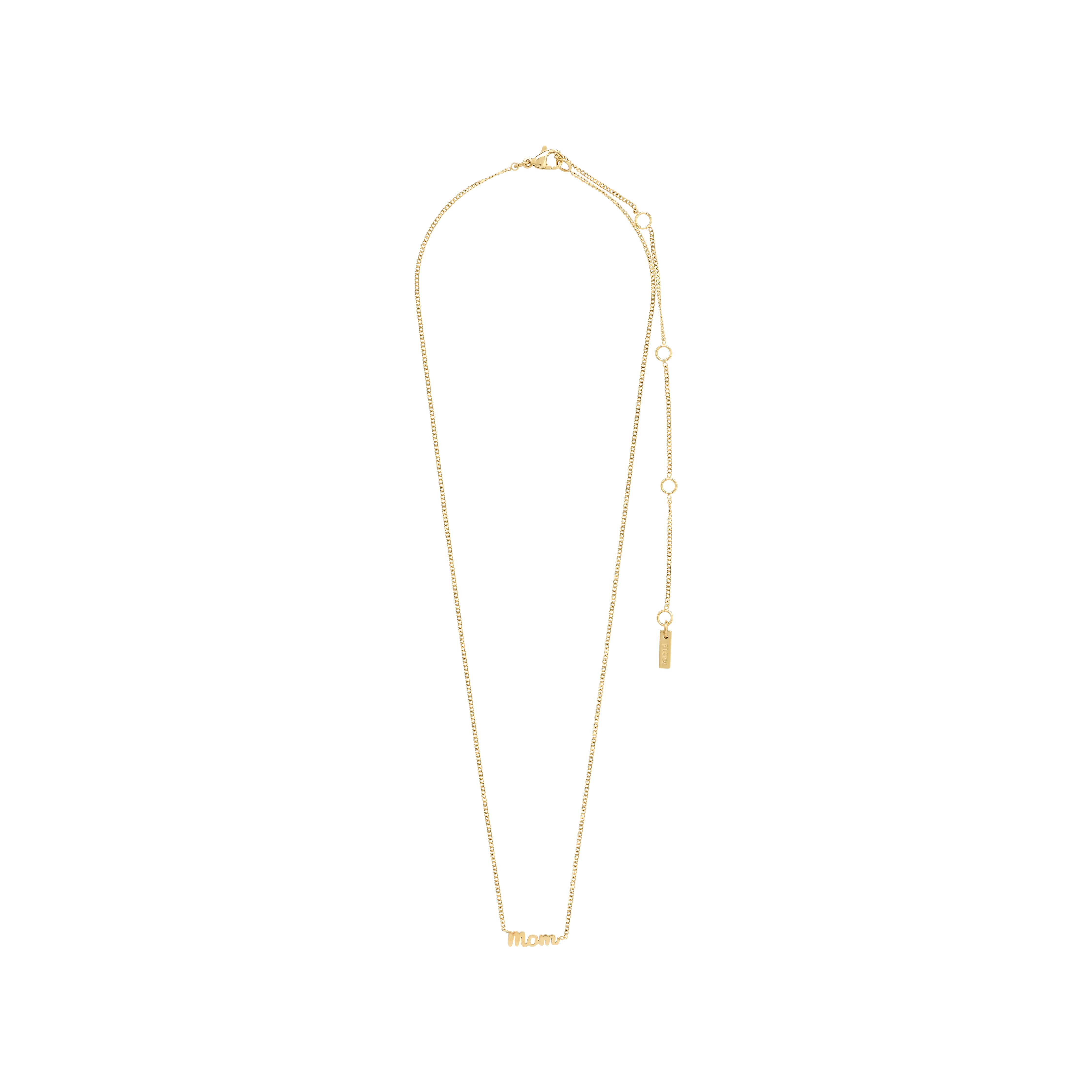 Gold-plated MOM necklace featuring a small cursive script pendant, measuring 38 cm with a 9 cm extension, designed for daily wear.