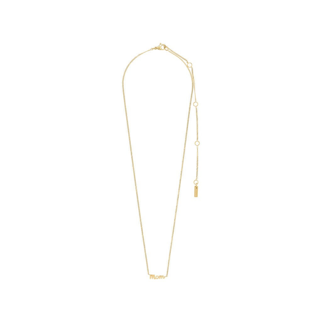 Gold-plated MOM necklace featuring a small cursive script pendant, measuring 38 cm with a 9 cm extension, designed for daily wear.