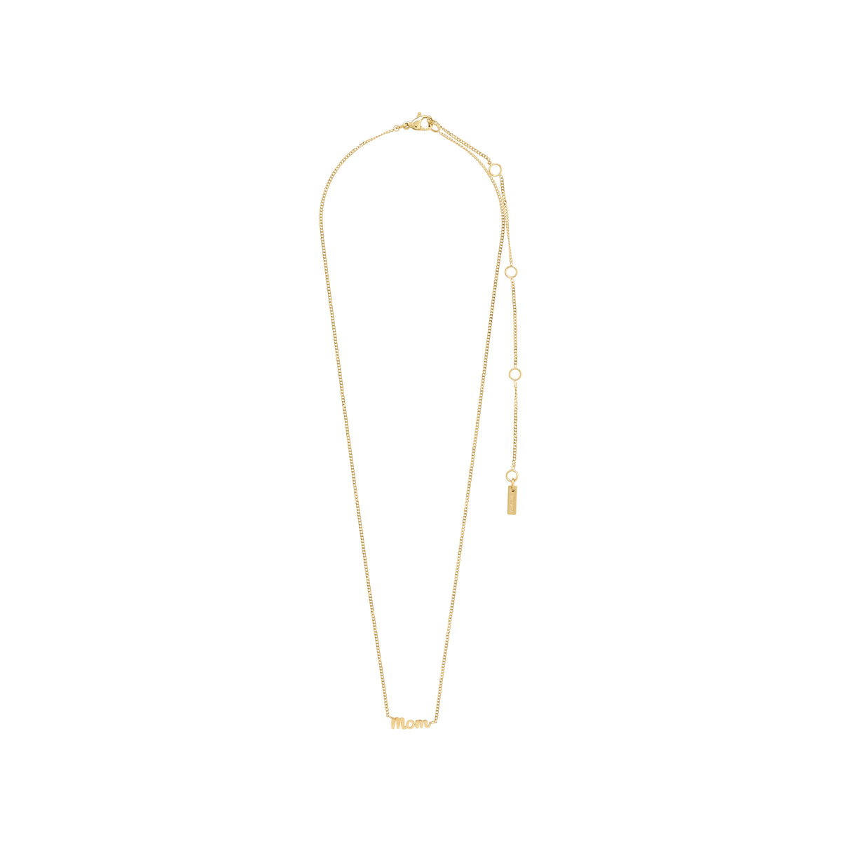 Gold-plated MOM necklace featuring a small cursive script pendant, measuring 38 cm with a 9 cm extension, designed for daily wear.