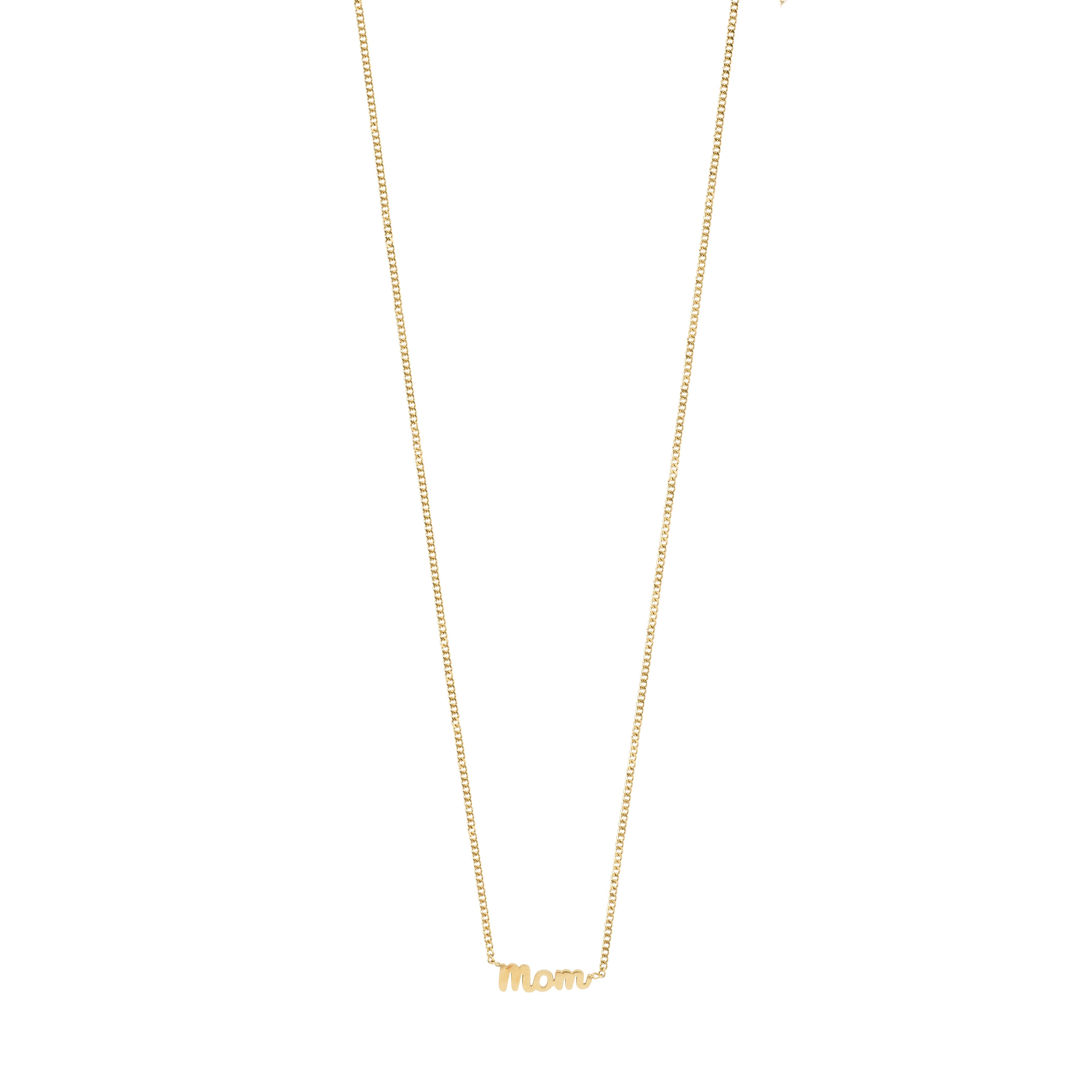 Gold-plated 'MOM' necklace featuring a cursive script pendant on a sleek chain, crafted from 99% recycled material, ideal for trendy, personal styling.