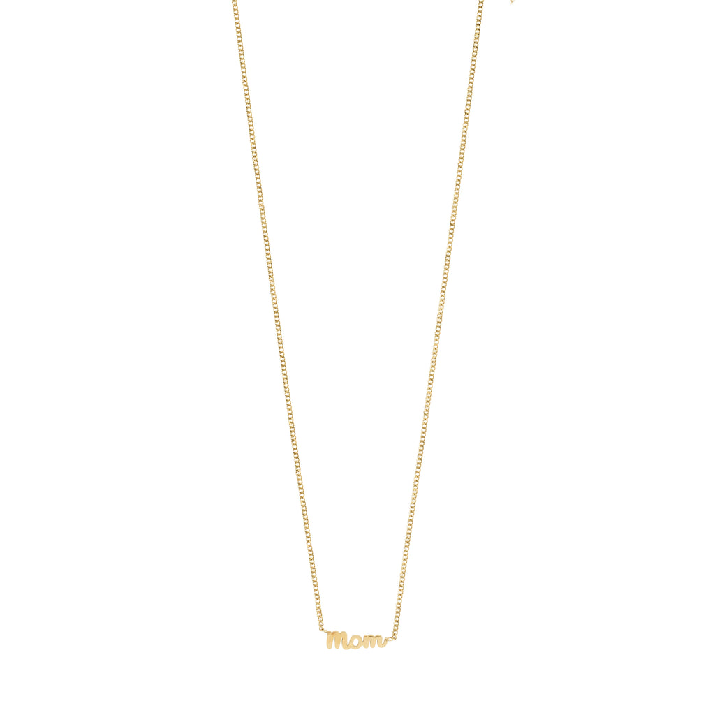Gold-plated 'MOM' necklace featuring a cursive script pendant on a sleek chain, crafted from 99% recycled material, ideal for trendy, personal styling.