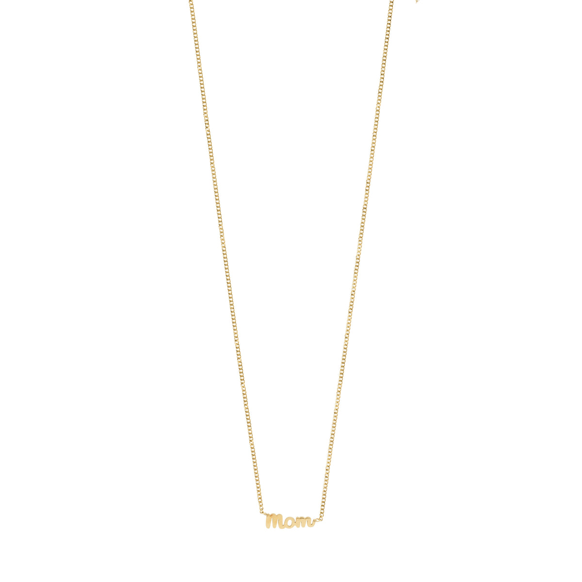 Gold-plated 'MOM' necklace featuring a cursive script pendant on a sleek chain, crafted from 99% recycled material, ideal for trendy, personal styling.