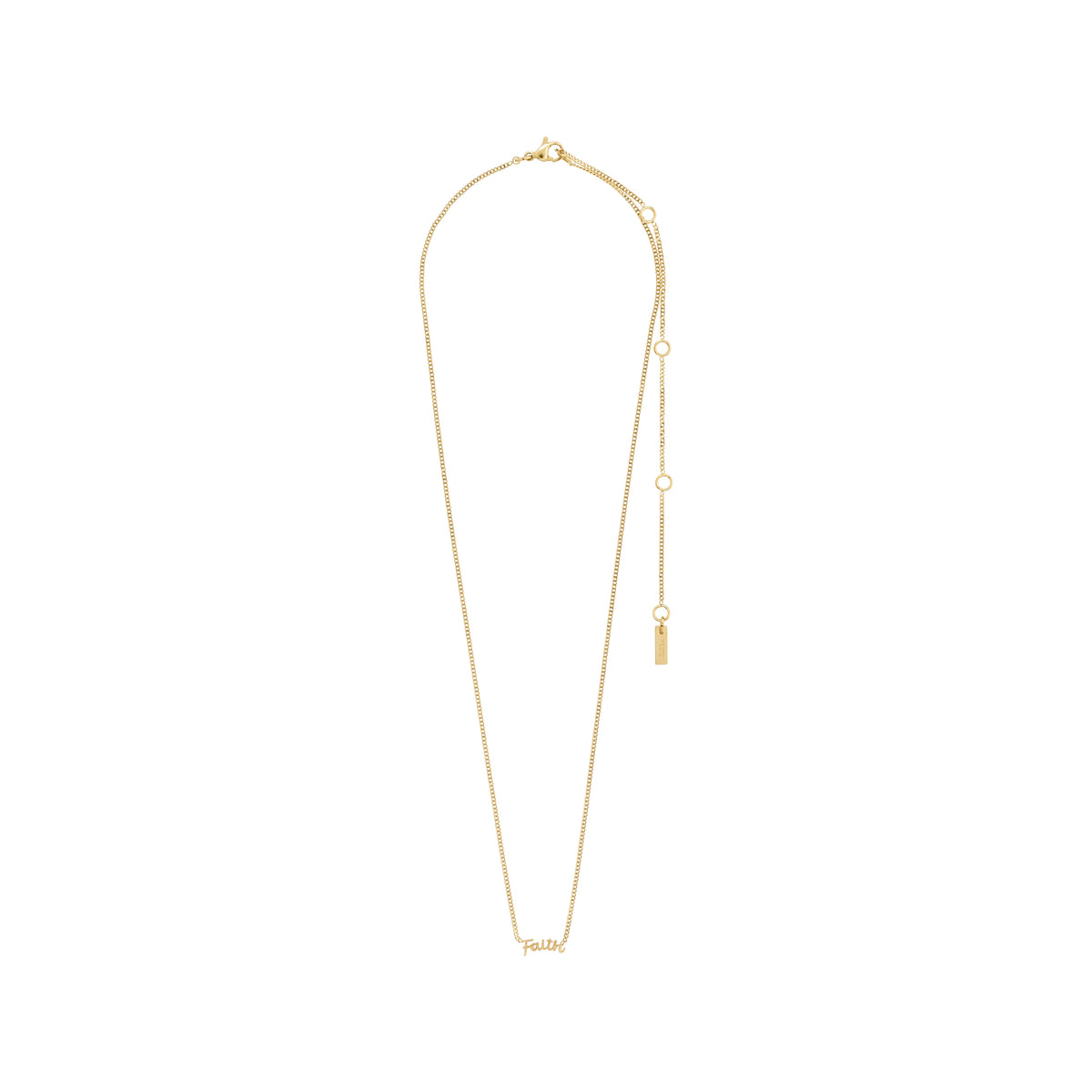 Gold-plated FAITH necklace featuring a sleek chain and small cursive pendant, ideal for layering or solo wear, crafted from recycled materials.
