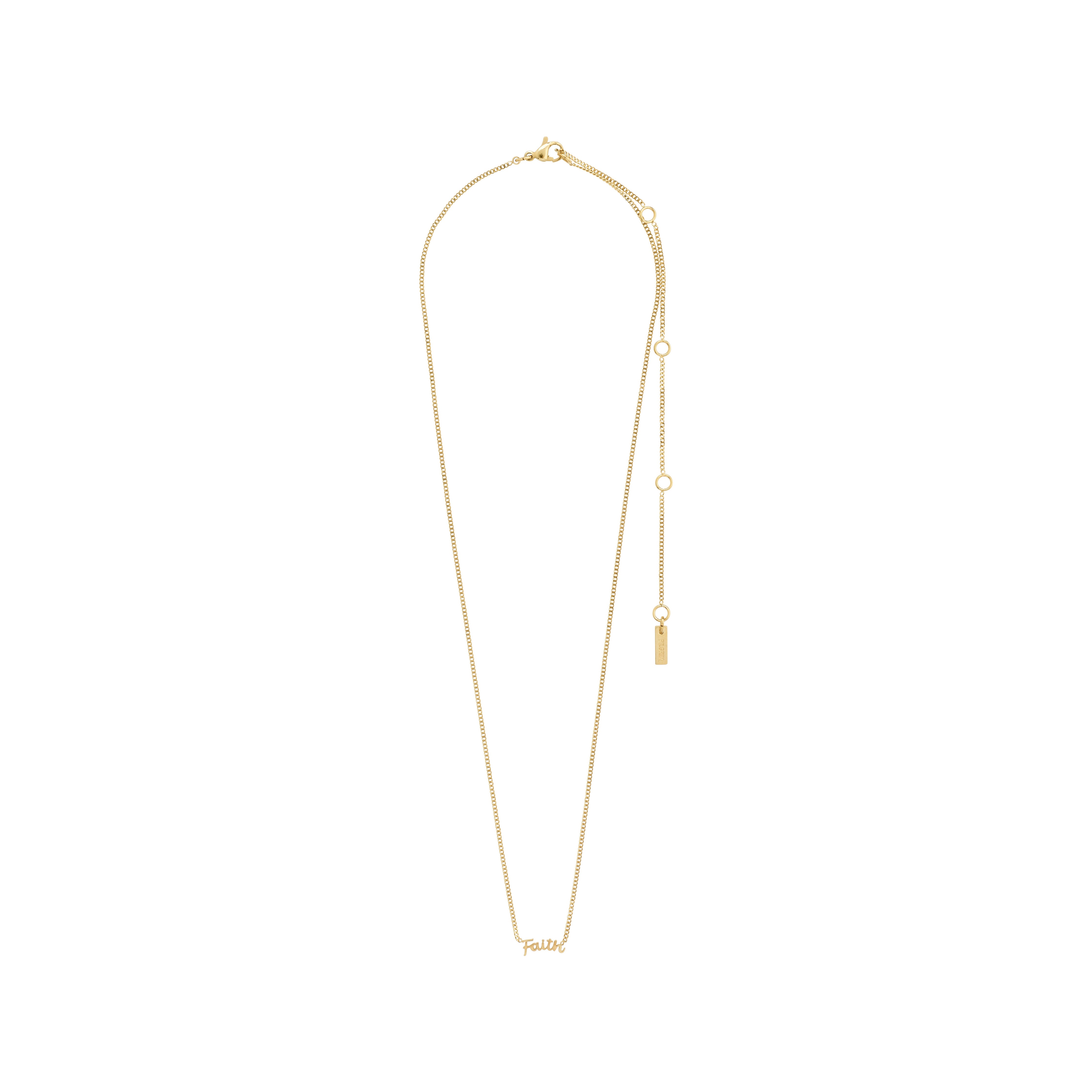 Gold-plated FAITH necklace featuring a sleek chain and small cursive pendant, ideal for layering or solo wear, crafted from recycled materials.