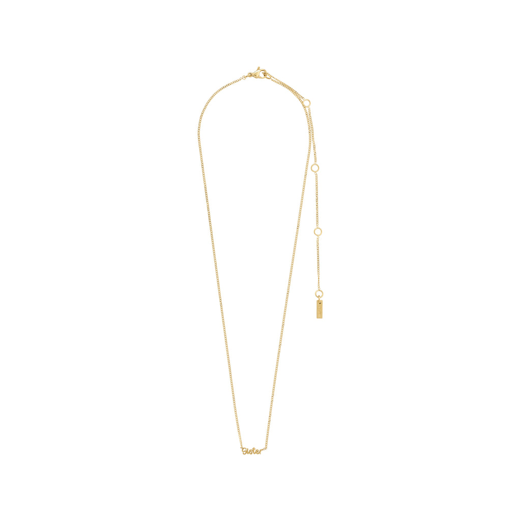 Gold-plated SISTER necklace with a small cursive pendant and tassel, embodying Scandinavian craftsmanship and sustainability, perfect for personal styling.