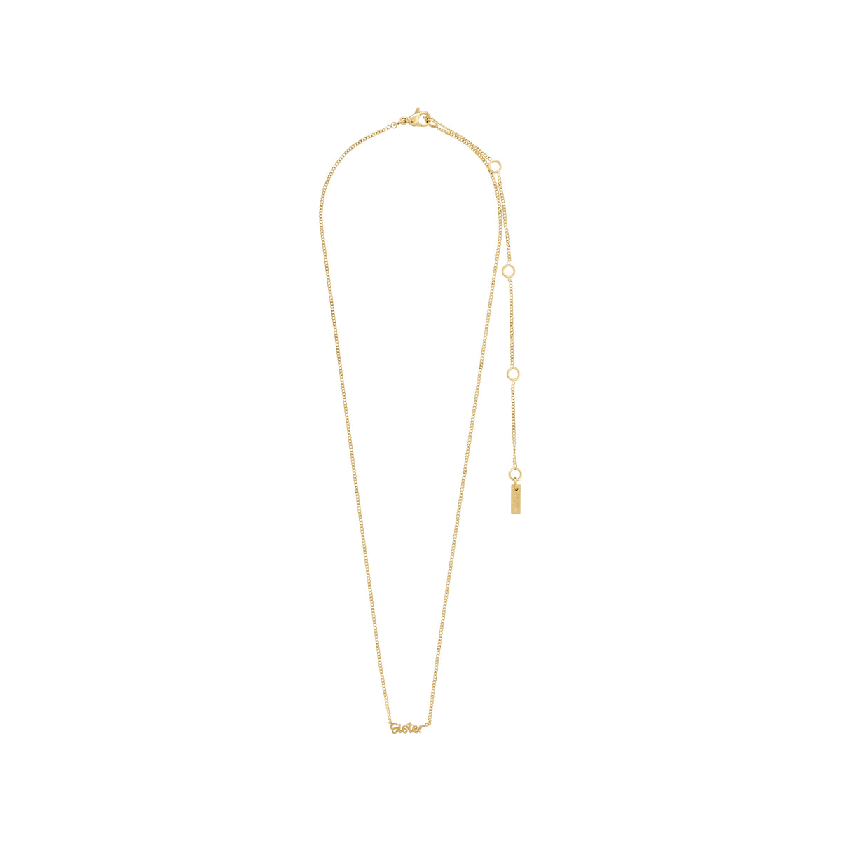 Gold-plated SISTER necklace with a small cursive pendant and tassel, embodying Scandinavian craftsmanship and sustainability, perfect for personal styling.
