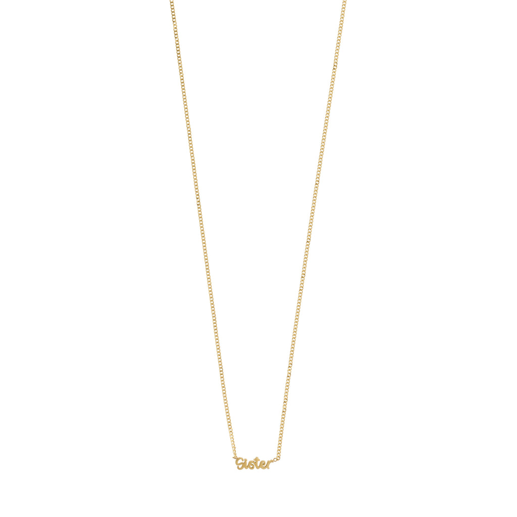 Gold-plated SISTER necklace featuring a sleek chain and small cursive pendant, perfect for daily wear and personal style expression.
