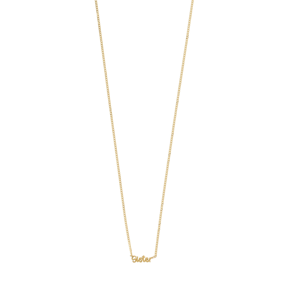 Gold-plated SISTER necklace featuring a sleek chain and small cursive pendant, perfect for daily wear and personal style expression.