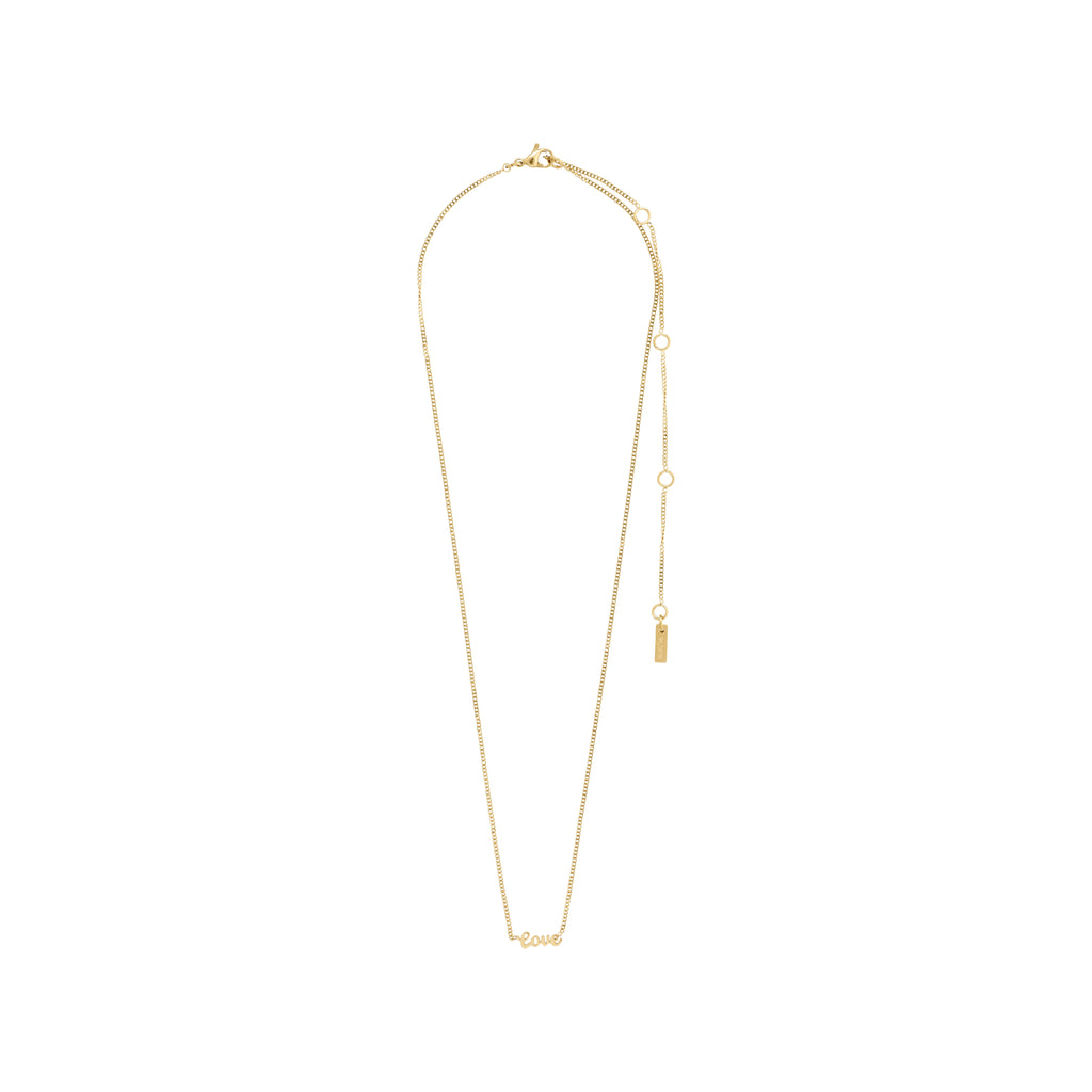 Gold-plated LOVE necklace featuring a cursive script pendant, measuring 38 cm with a 9 cm extension chain. Made from 99% recycled materials, perfect for daily wear.
