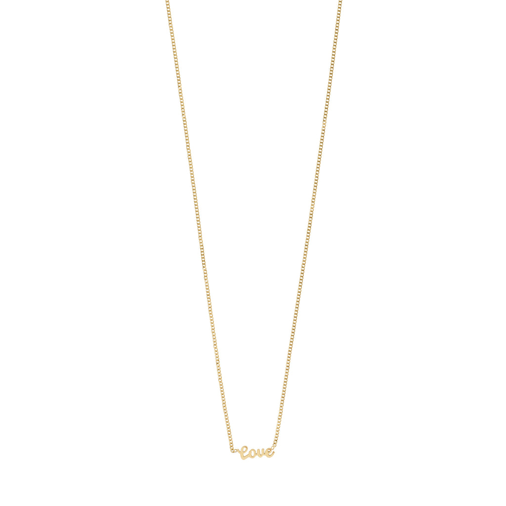 Gold-plated necklace featuring a cursive 'LOVE' pendant, 38 cm with a 9 cm extension, crafted from 99% recycled material for everyday wear.
