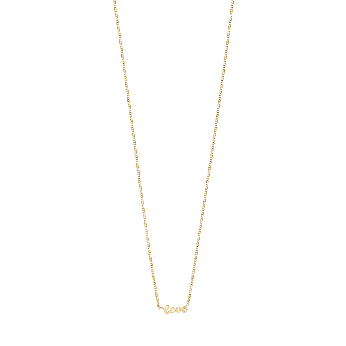 Gold-plated necklace featuring a cursive 'LOVE' pendant, 38 cm with a 9 cm extension, crafted from 99% recycled material for everyday wear.