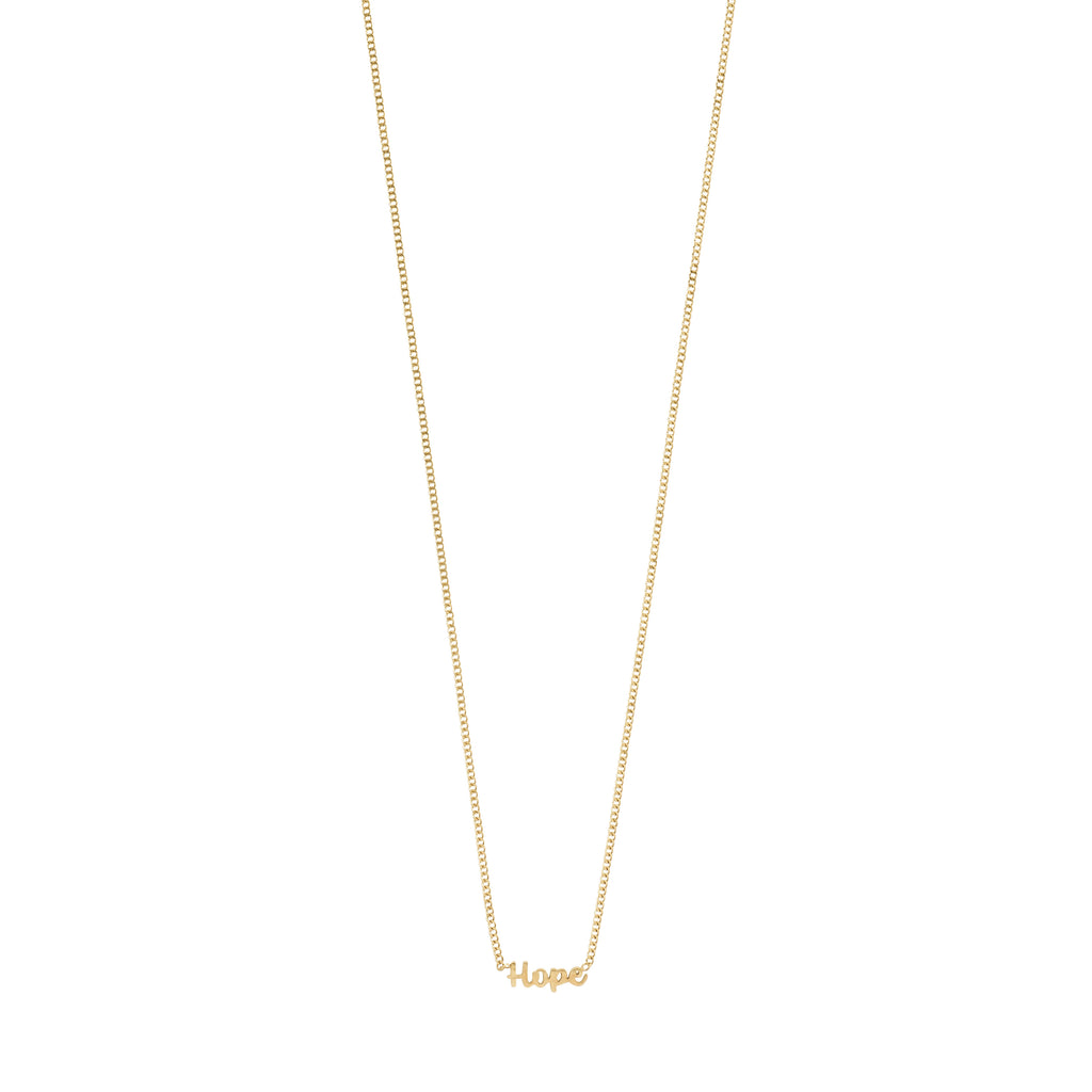 Gold-plated 'HOPE' necklace features a cursive pendant on a sleek chain, embodying style and sustainability for any gender. Perfect for daily wear or gifting.