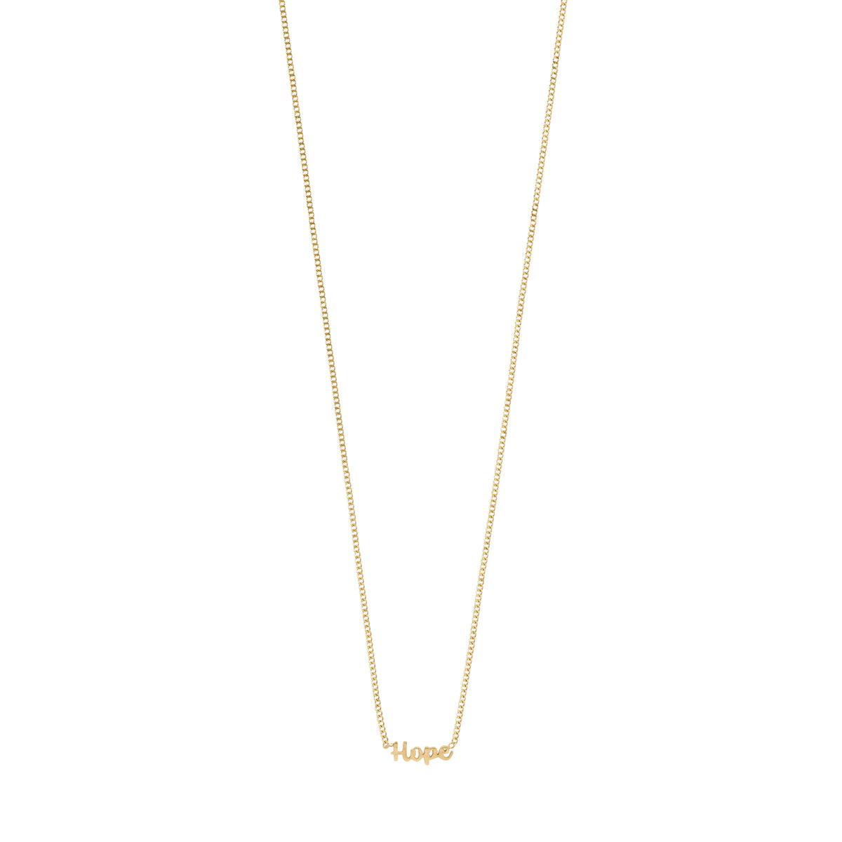Gold-plated 'HOPE' necklace features a cursive pendant on a sleek chain, embodying style and sustainability for any gender. Perfect for daily wear or gifting.