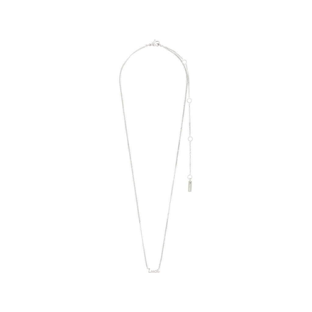 Silver-plated 'LUCK' necklace featuring a sleek design with a cursive pendant, suitable for all genders, crafted from 99% recycled material.