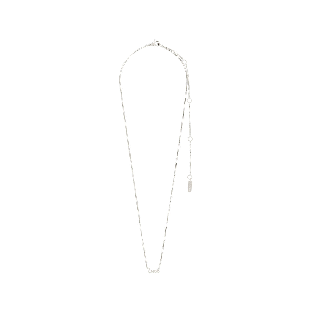 Silver-plated 'LUCK' necklace featuring a sleek design with a cursive pendant, suitable for all genders, crafted from 99% recycled material.