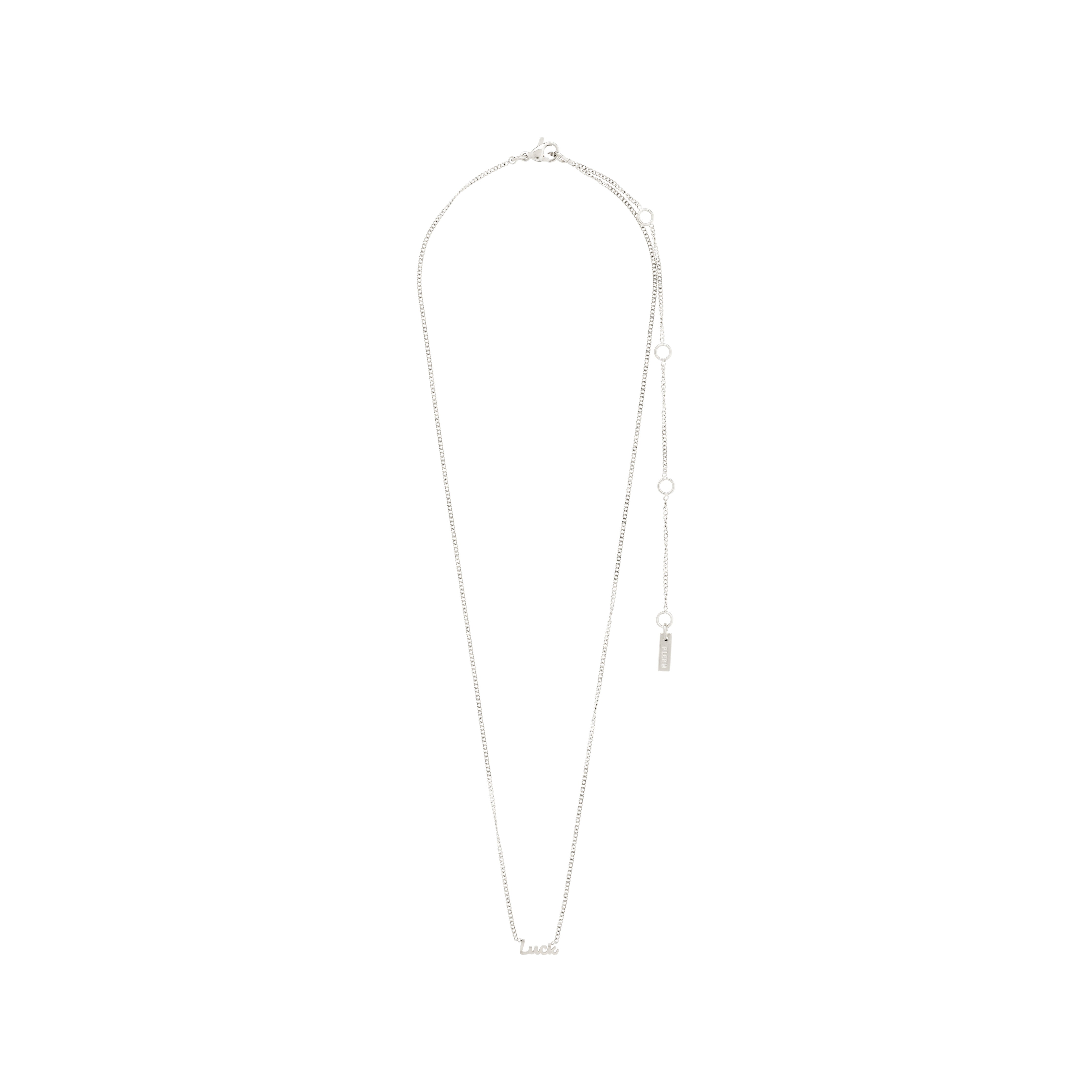 Silver-plated 'LUCK' necklace featuring a sleek design with a cursive pendant, suitable for all genders, crafted from 99% recycled material.