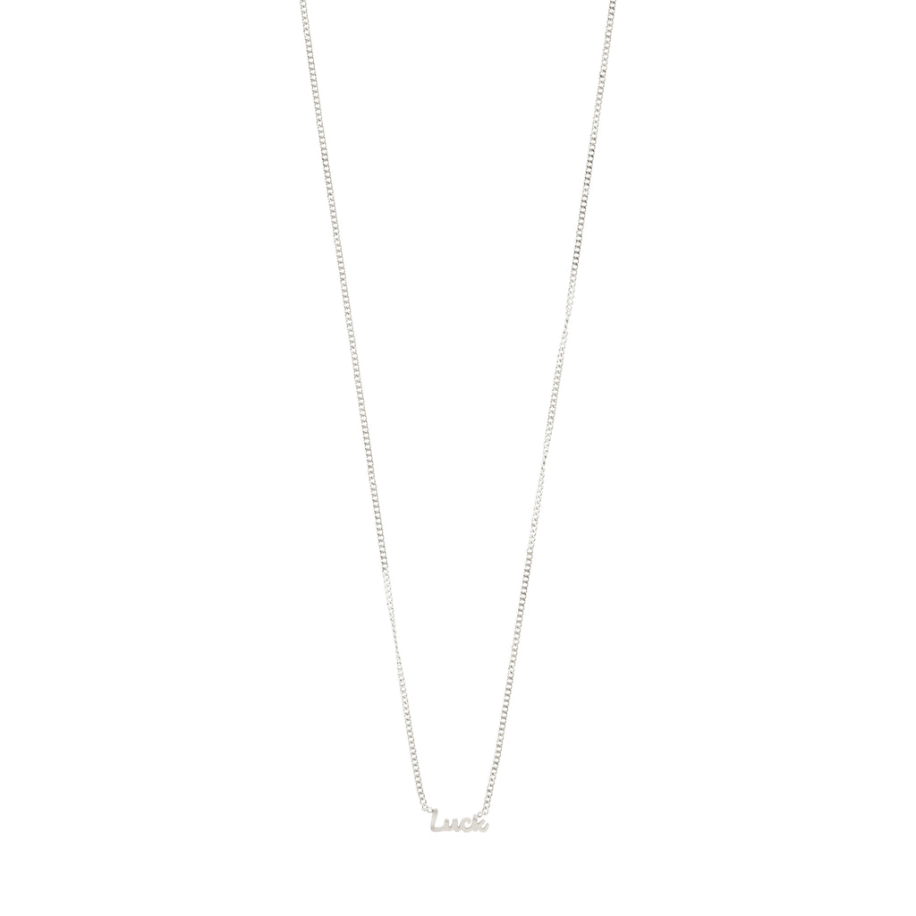 Silver-plated 'LUCK' necklace featuring a sleek chain and cursive script pendant, ideal for daily wear and layering, made from 99% recycled materials.