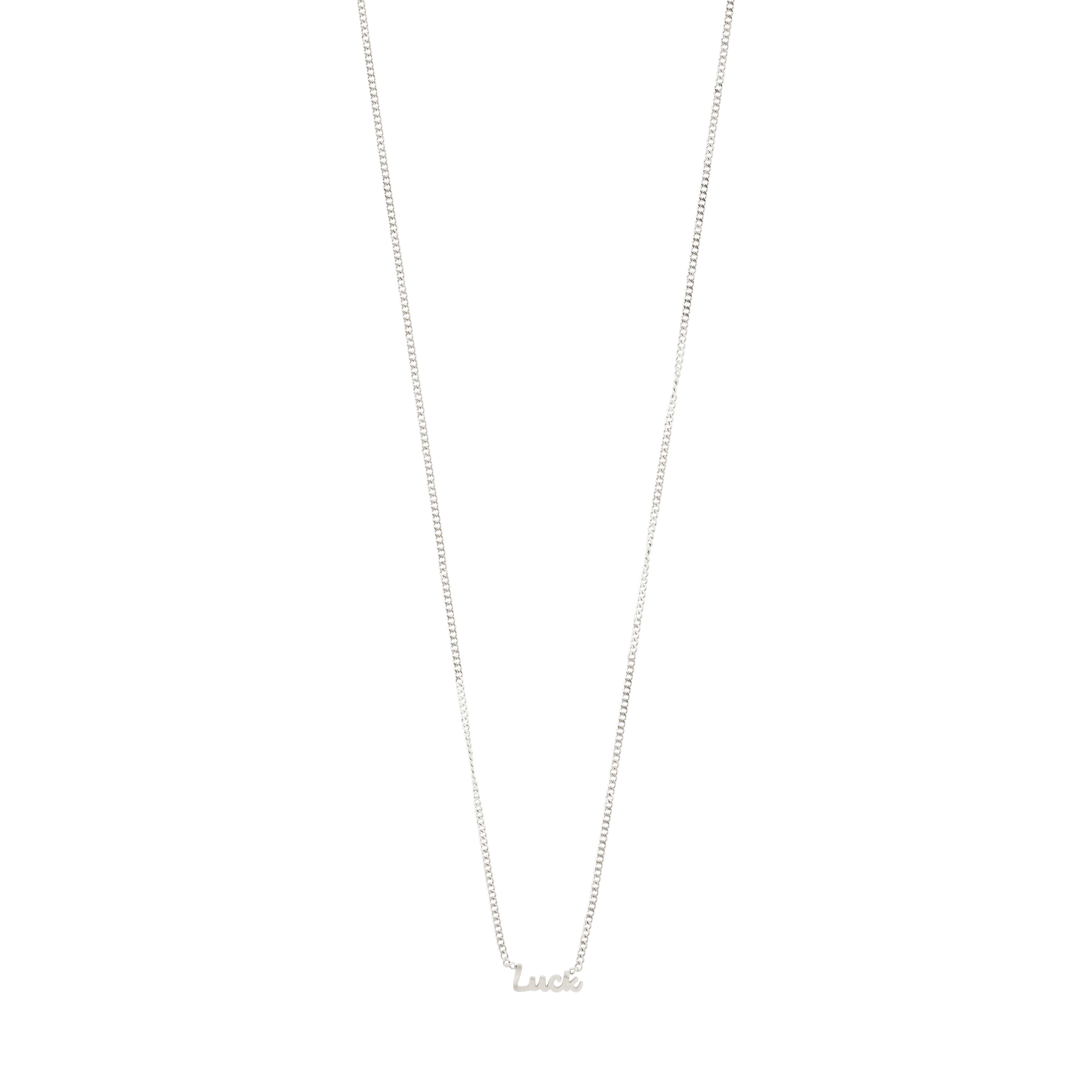 Silver-plated 'LUCK' necklace featuring a sleek chain and cursive script pendant, ideal for daily wear and layering, made from 99% recycled materials.