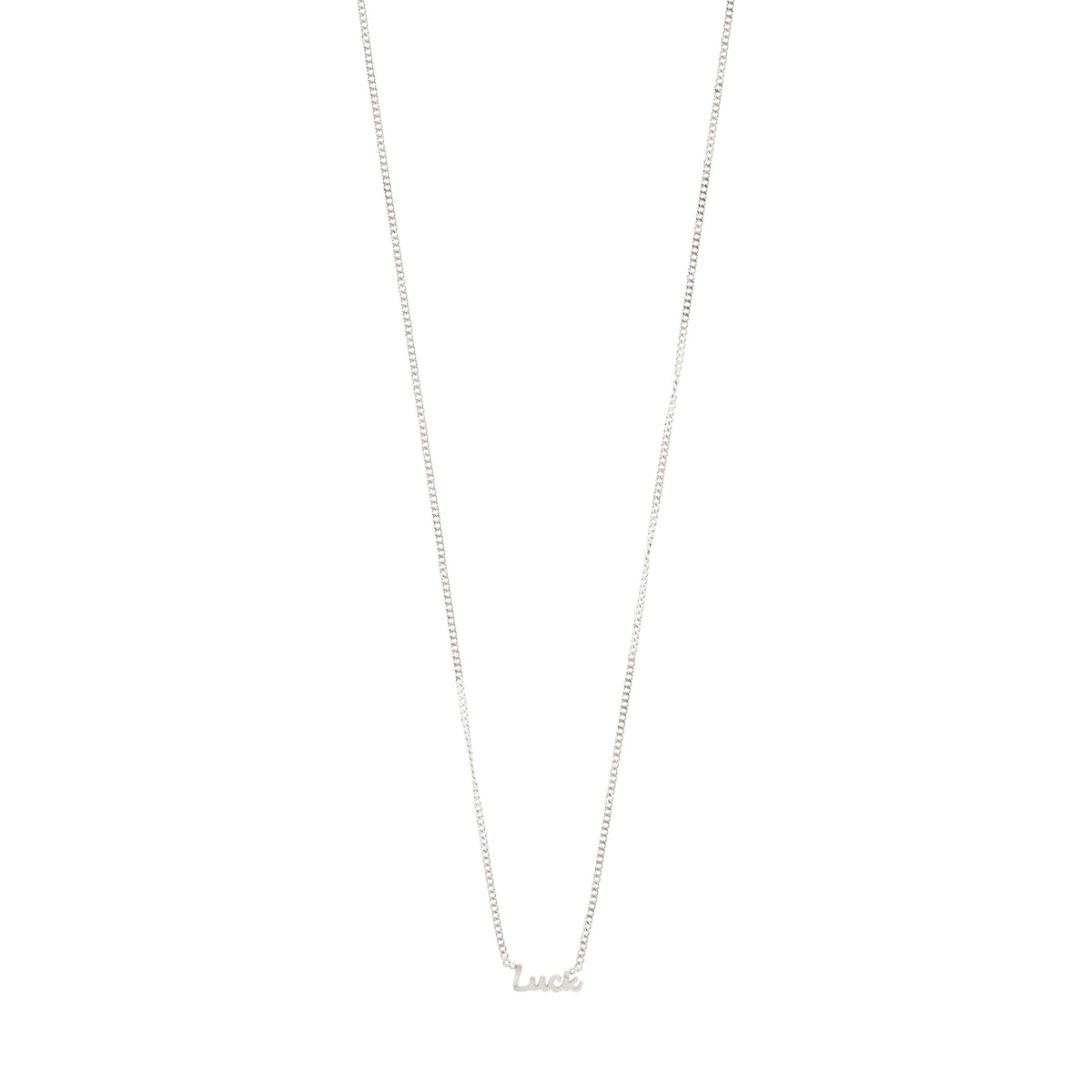 Silver-plated 'LUCK' necklace featuring a sleek chain and cursive script pendant, ideal for daily wear and layering, made from 99% recycled materials.