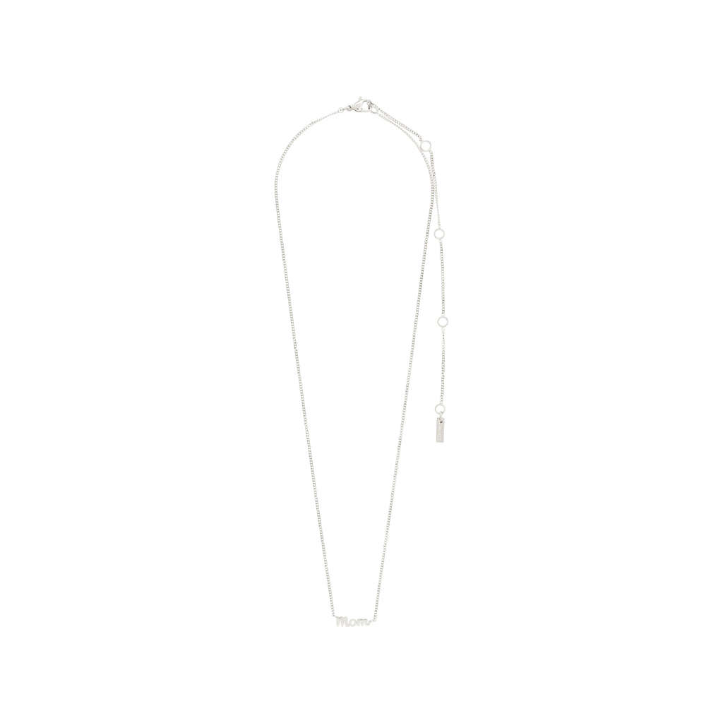 Silver-plated 'MOM' necklace with a sleek cursive pendant, genderless design, 38 cm chain plus 9 cm extension, crafted from 99% recycled materials.