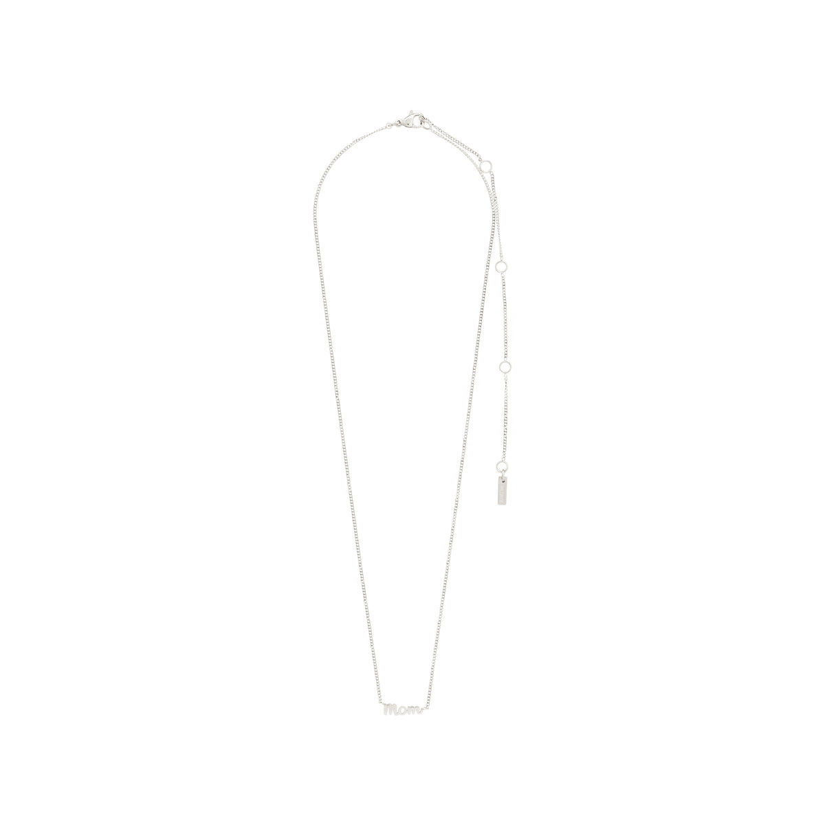 Silver-plated 'MOM' necklace with a sleek cursive pendant, genderless design, 38 cm chain plus 9 cm extension, crafted from 99% recycled materials.