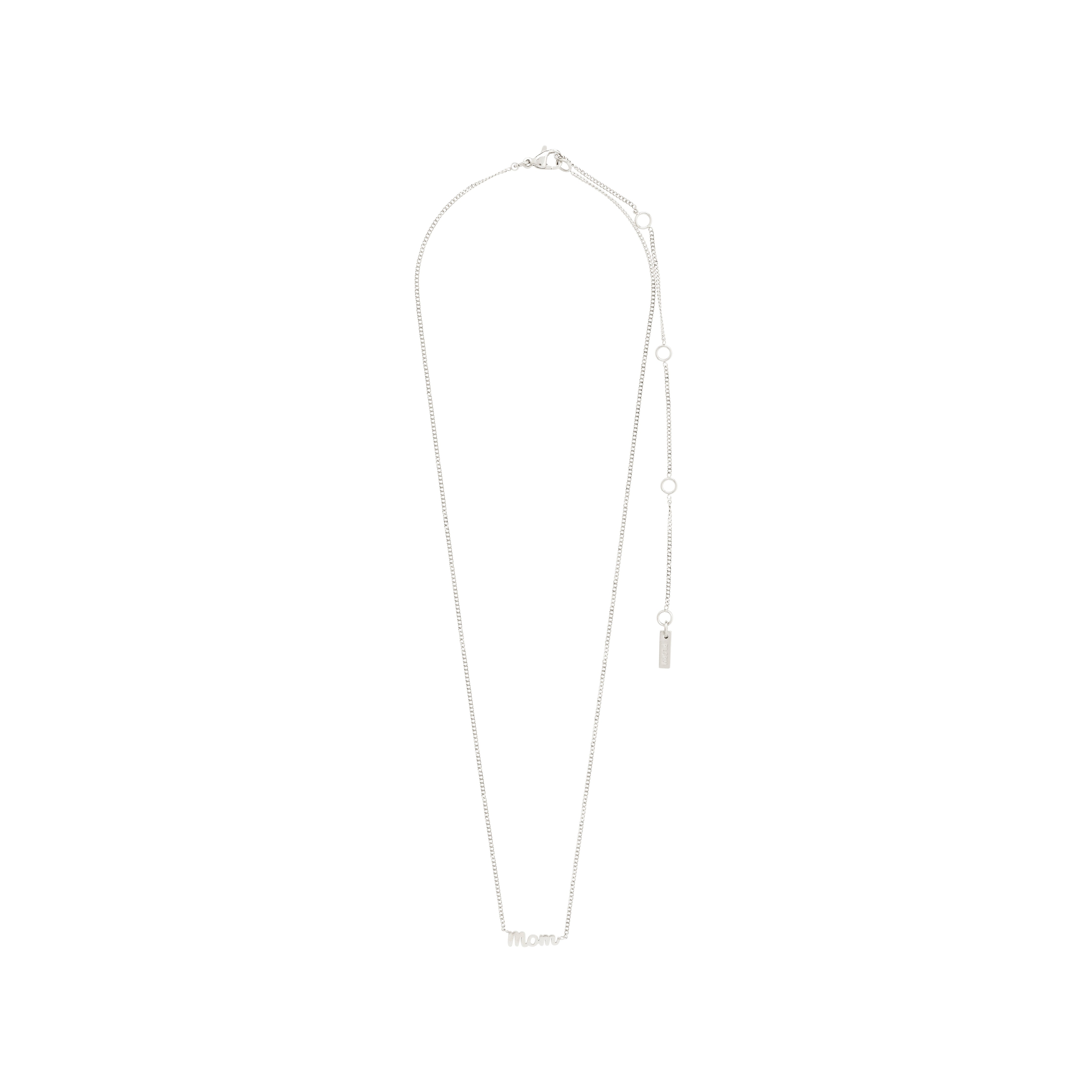 Silver-plated 'MOM' necklace with a sleek cursive pendant, genderless design, 38 cm chain plus 9 cm extension, crafted from 99% recycled materials.
