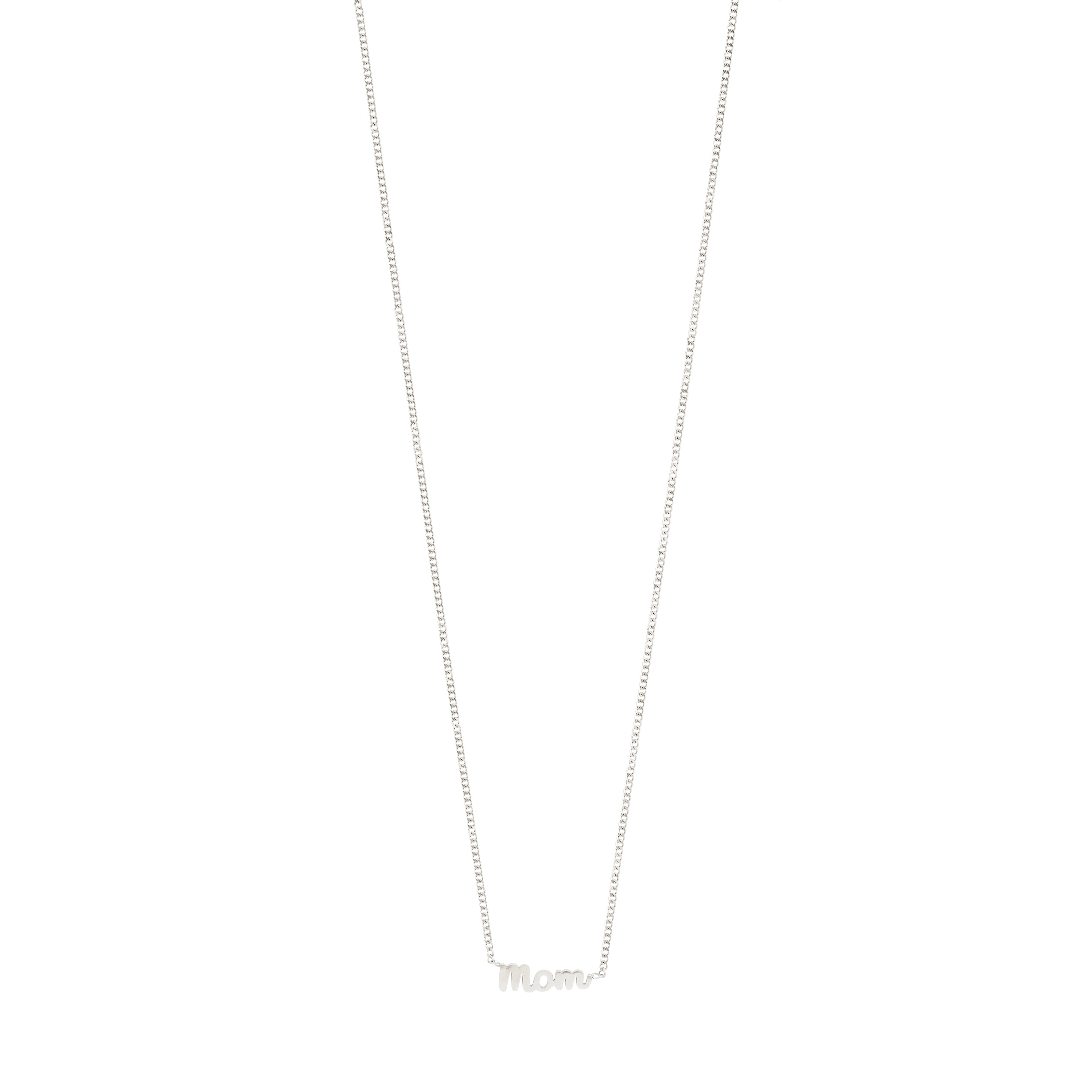 Silver-plated 'MOM' necklace with a cursive pendant on a sleek chain, 38 cm plus 9 cm extension, crafted from 99% recycled materials.