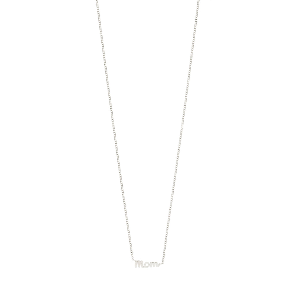 Silver-plated 'MOM' necklace with a cursive pendant on a sleek chain, 38 cm plus 9 cm extension, crafted from 99% recycled materials.