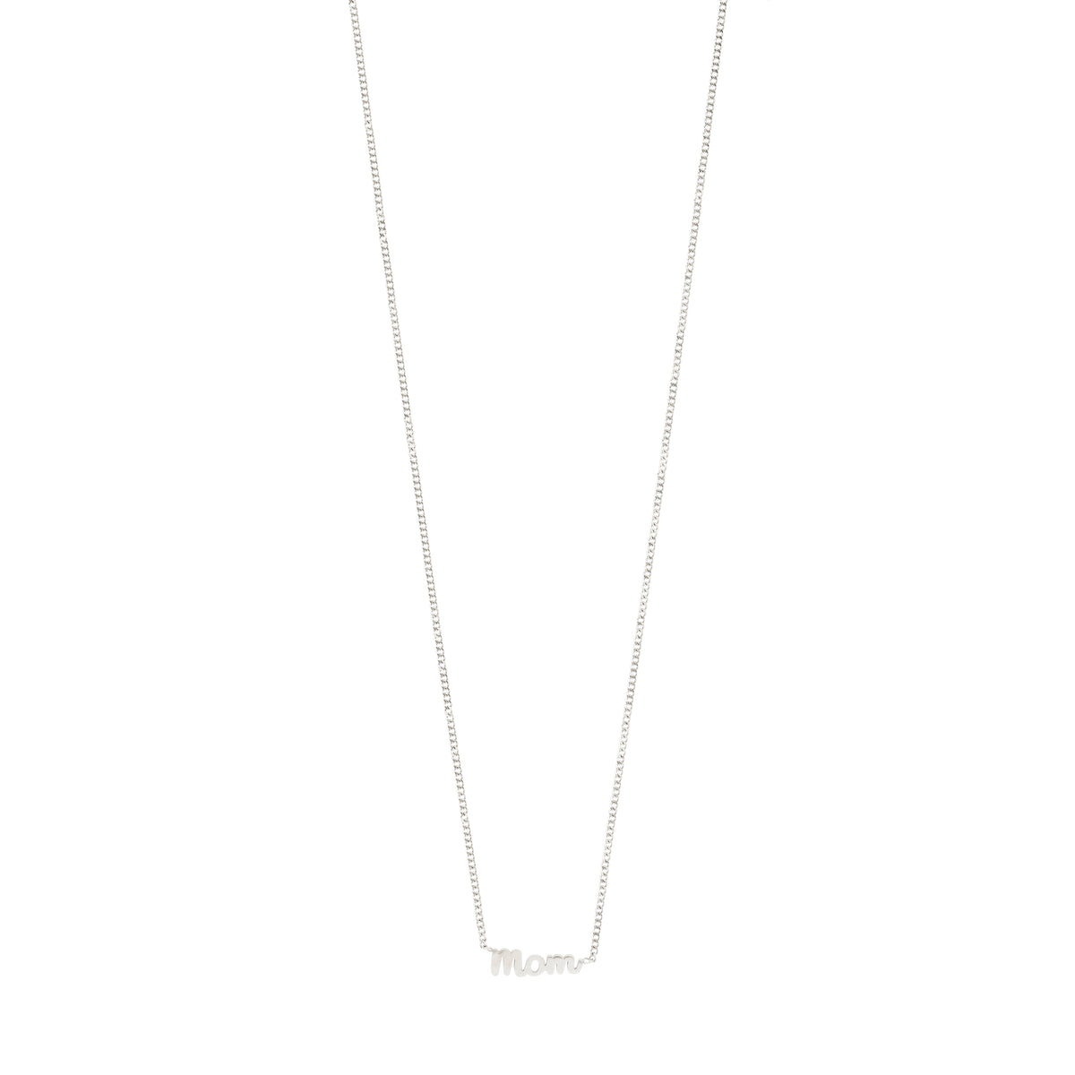Silver-plated 'MOM' necklace with a cursive pendant on a sleek chain, 38 cm plus 9 cm extension, crafted from 99% recycled materials.
