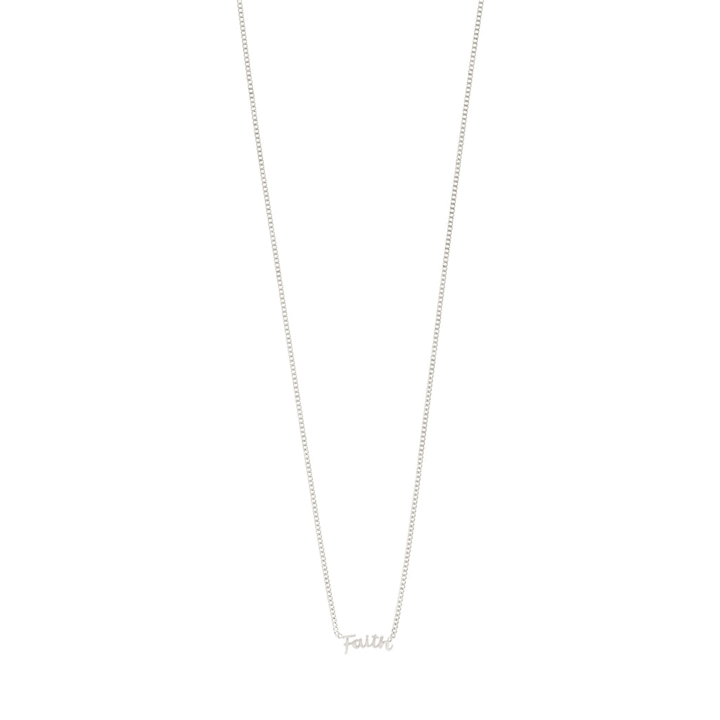 FAITH necklace silver-plated featuring a sleek, recycled silver chain with a 'FAITH' script pendant, perfect for personalized, genderless styling.