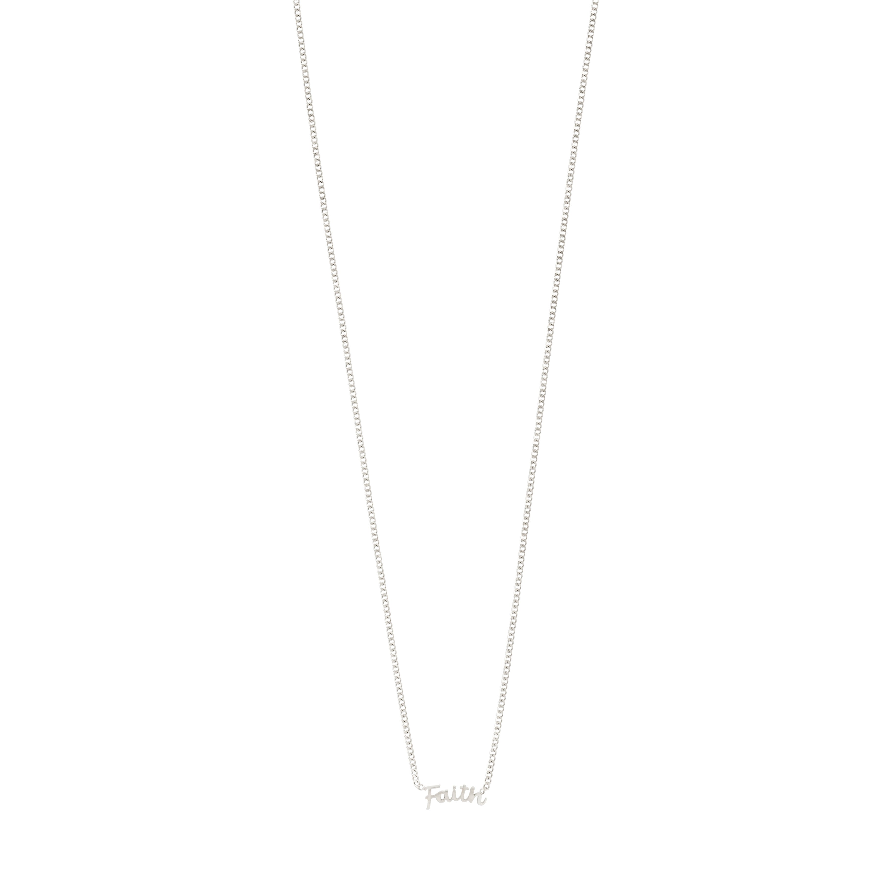 FAITH necklace silver-plated featuring a sleek, recycled silver chain with a 'FAITH' script pendant, perfect for personalized, genderless styling.