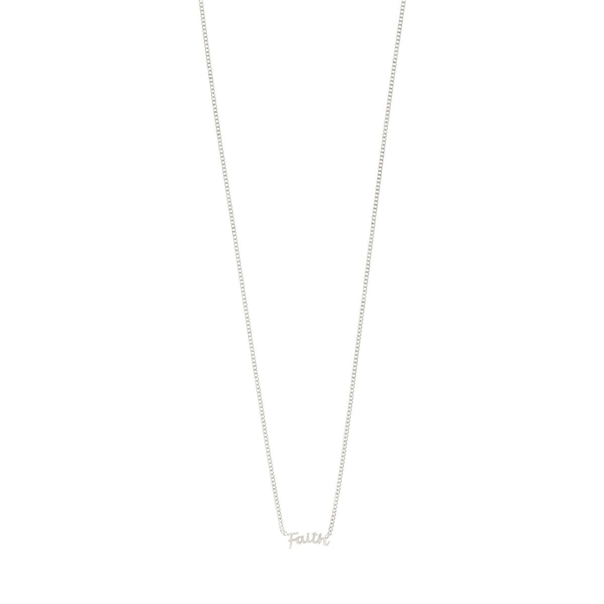 FAITH necklace silver-plated featuring a sleek, recycled silver chain with a 'FAITH' script pendant, perfect for personalized, genderless styling.