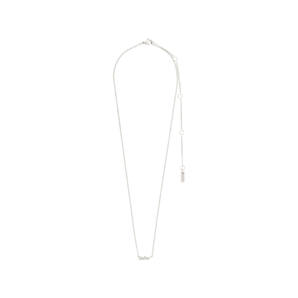 Silver-plated SISTER necklace with a sleek cursive pendant, perfect for daily wear. Features a 38 cm chain plus 9 cm extension, made from 99% recycled materials.