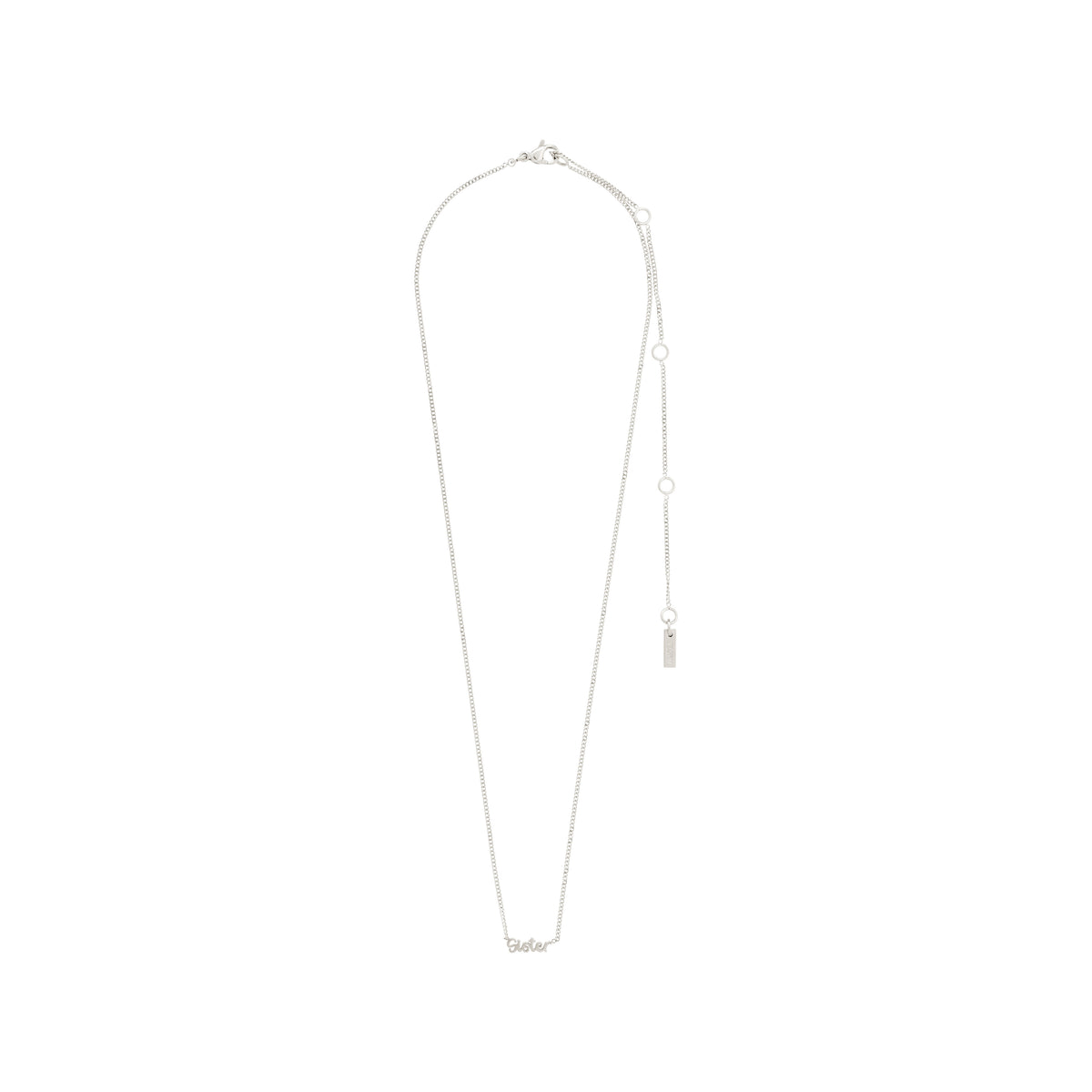 Silver-plated SISTER necklace with a sleek cursive pendant, perfect for daily wear. Features a 38 cm chain plus 9 cm extension, made from 99% recycled materials.