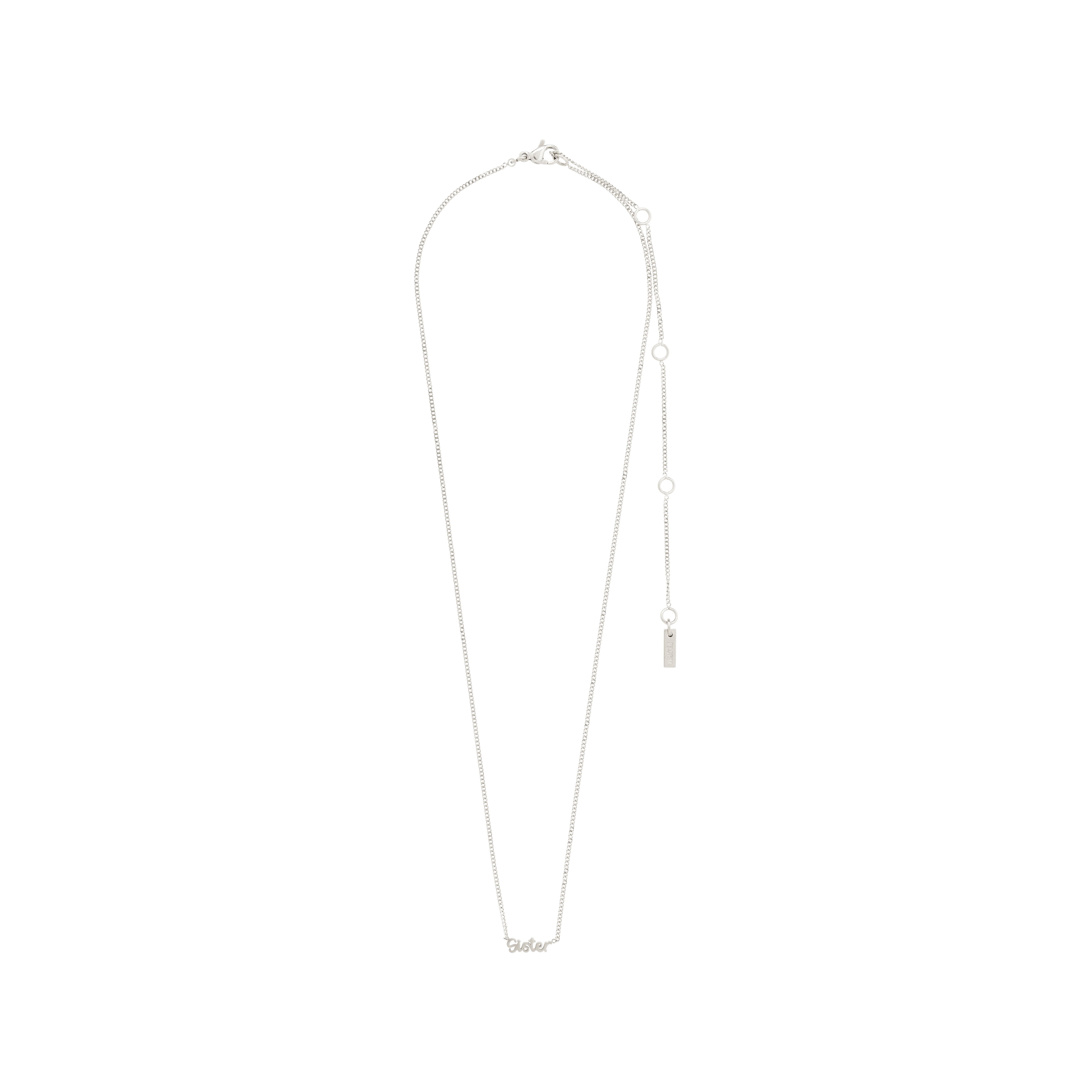 Silver-plated SISTER necklace with a sleek cursive pendant, perfect for daily wear. Features a 38 cm chain plus 9 cm extension, made from 99% recycled materials.