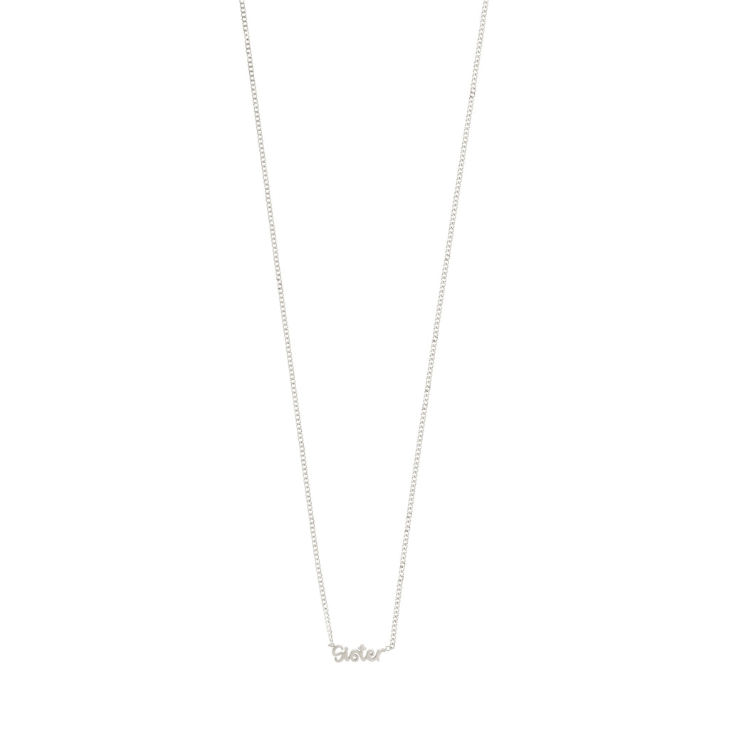 SISTER necklace silver-plated, featuring a sleek design with a discreet cursive pendant, perfect for daily wear and layering. Made from 99% recycled materials.