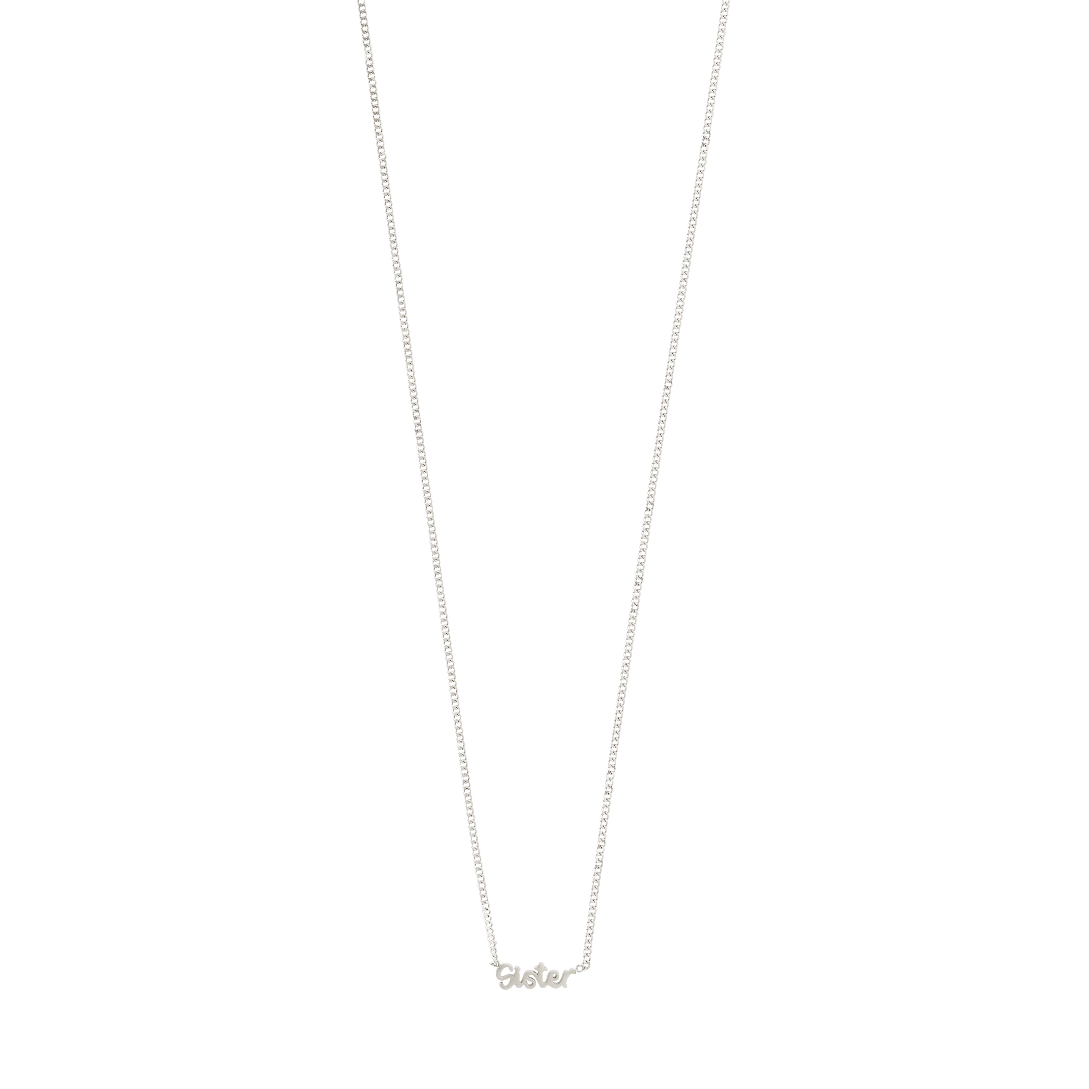 SISTER necklace silver-plated, featuring a sleek design with a discreet cursive pendant, perfect for daily wear and layering. Made from 99% recycled materials.