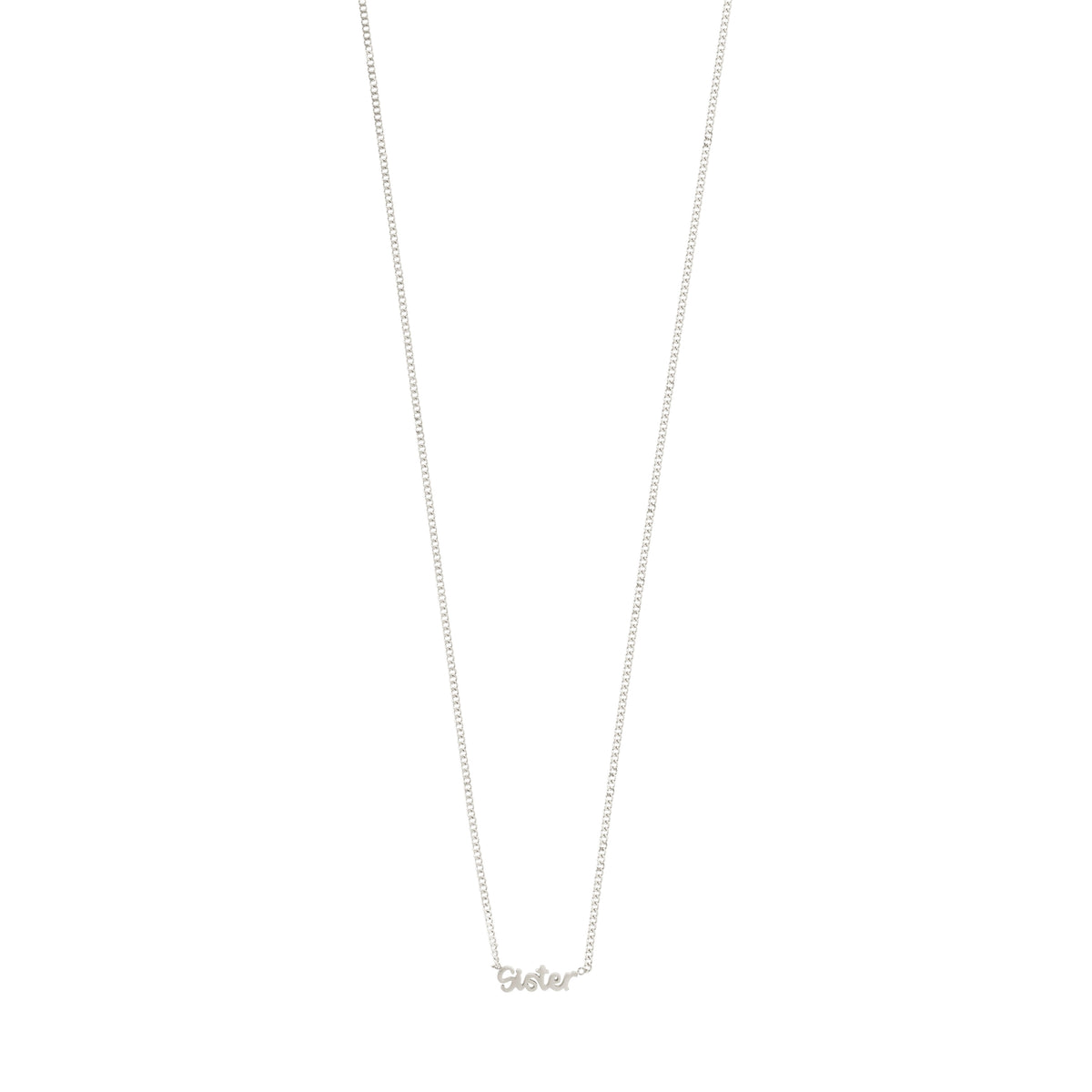 SISTER necklace silver-plated, featuring a sleek design with a discreet cursive pendant, perfect for daily wear and layering. Made from 99% recycled materials.