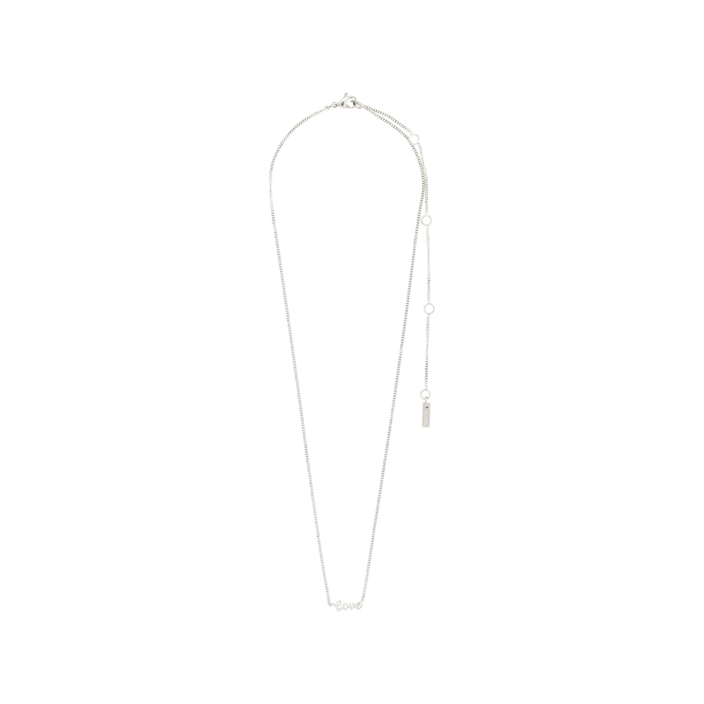 Silver-plated LOVE necklace with cursive 'LOVE' pendant, featuring a sleek design, ideal for layering or solo wear. Crafted from recycled materials, 38 cm + 9 cm extension.